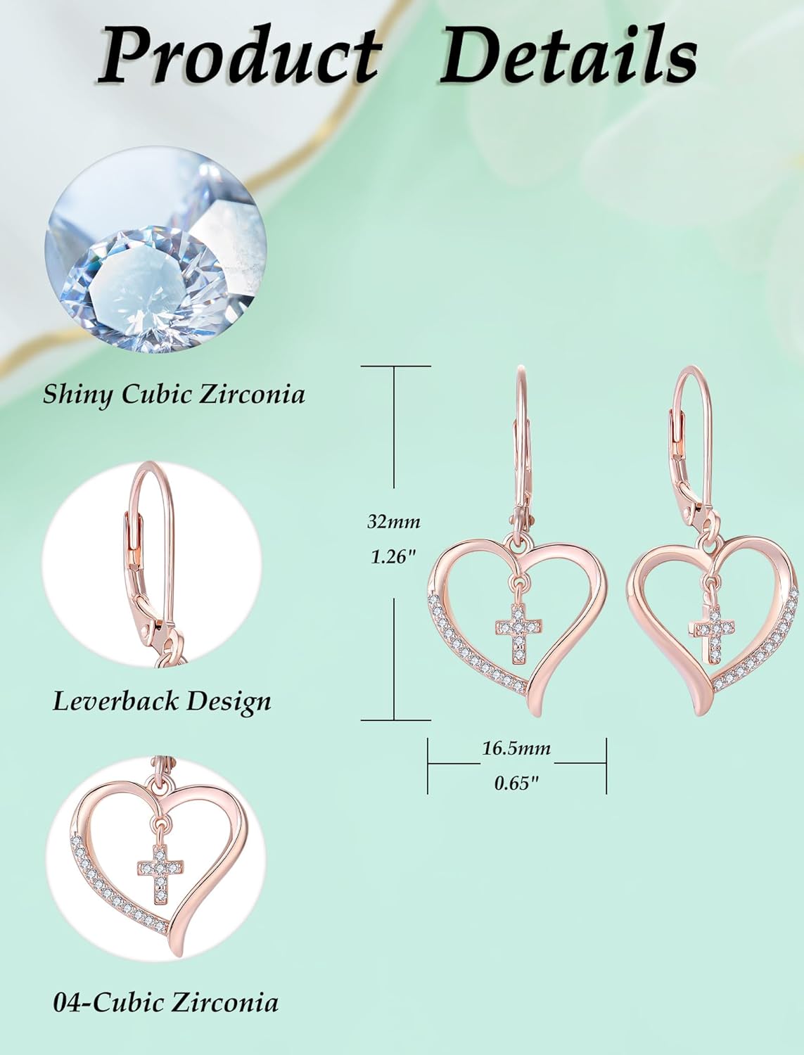 Sterling Silver Religious Earring for Women Heart Cross Drop Dangle Leverback Earrings Christian Birthstone Religious Jewelry with White Gold/Rose Gold/Gold Plated - Image 6