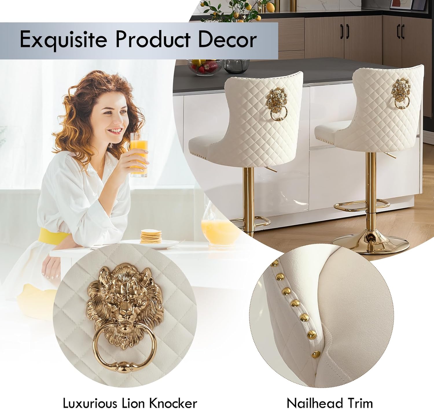 Gold Barstools Set of 2,Velvet Bar Height Stools with Lion Pull Ring,Upholstered Swivel Counter Height Stools with High Tufted Back,Modern Adjustable Bar Chairs for Kitchen Island/Cafe, Cream