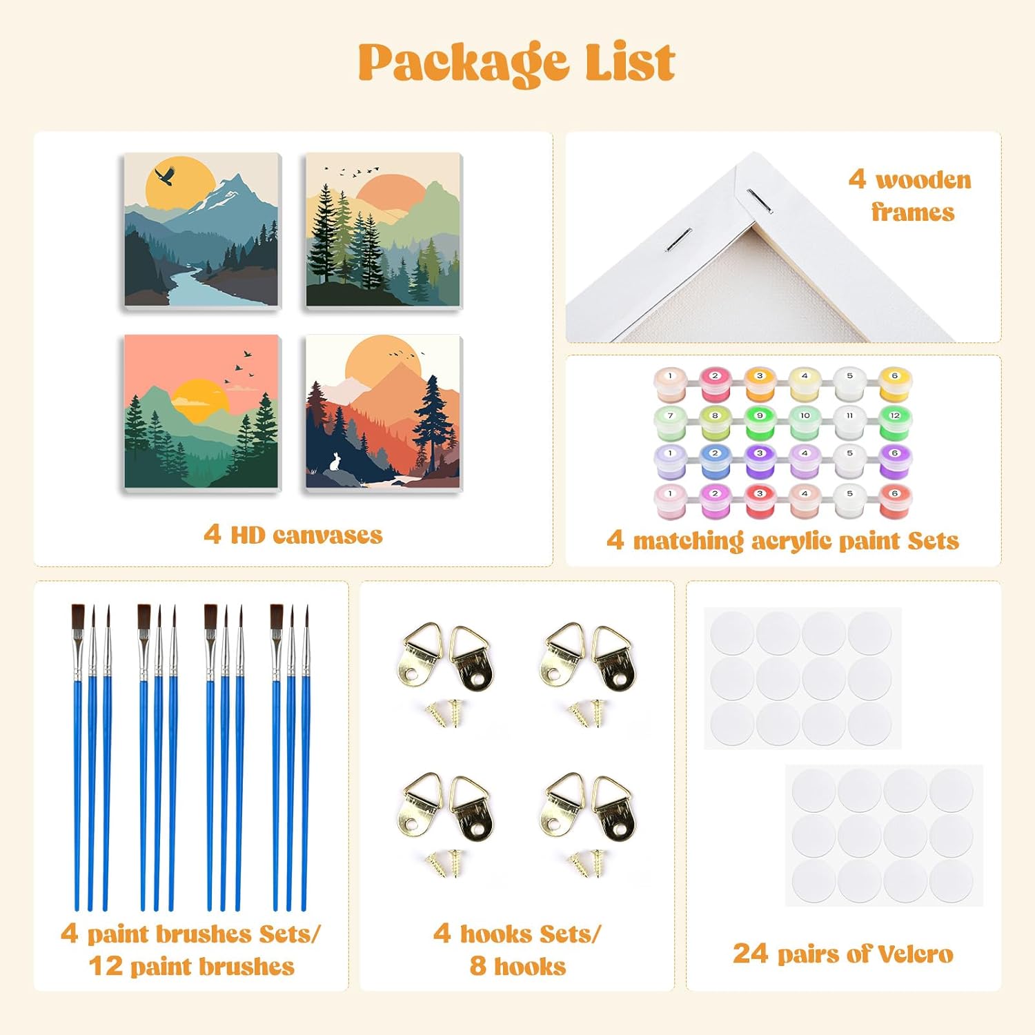 MXJSUA 4 Pack Sunset Mountain Paint by Numbers Kit with Framed Canvas for Ages 6-12 Kids, Paint by Numbers Kits for Children Beginners, Acrylic Oil Painting for Home Wall Decor Gift (8x8 inch)