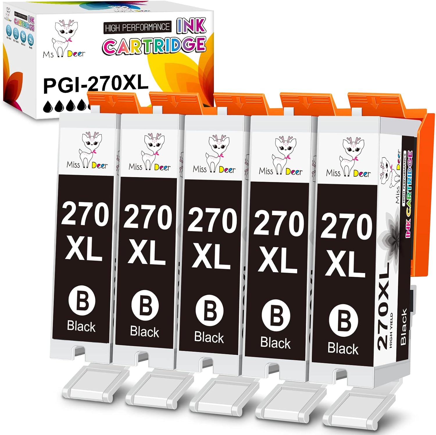 Miss Deer 270 PGBK Ink Cartridge 5-Pack, Compatible Replacement for Canon PGI-270XL PGI270 PGI270XL for PIXMA MG6820 TS9020 TS6020 MG7720 MG6821 TS5020 TS8020 MG5720 MG5722 Printer (5 Large Black)