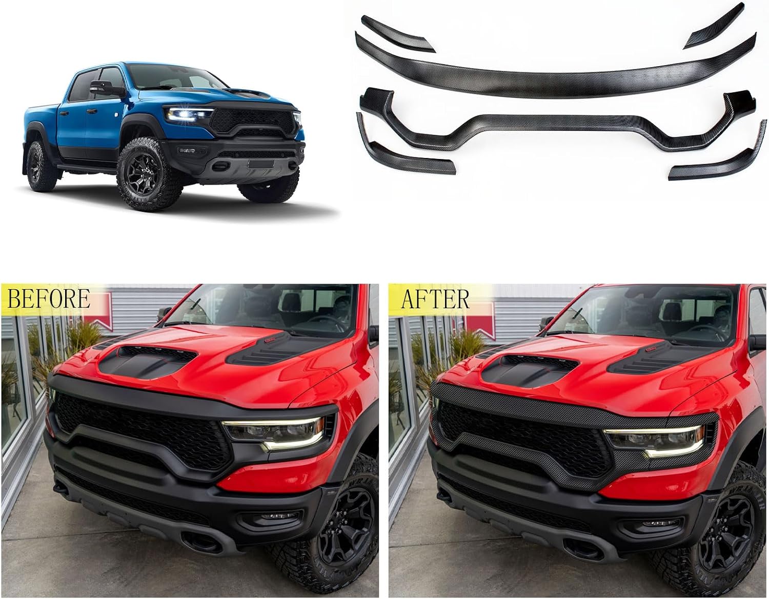 Front Grille Trim Compatible With Dodge Ram 1500 2024 2023 2022 2021 2020 2019 Front Bumper Grille Strip Frame Trim Exterior Car Accessories ABS 6PCS(Carbon Fiber Style)