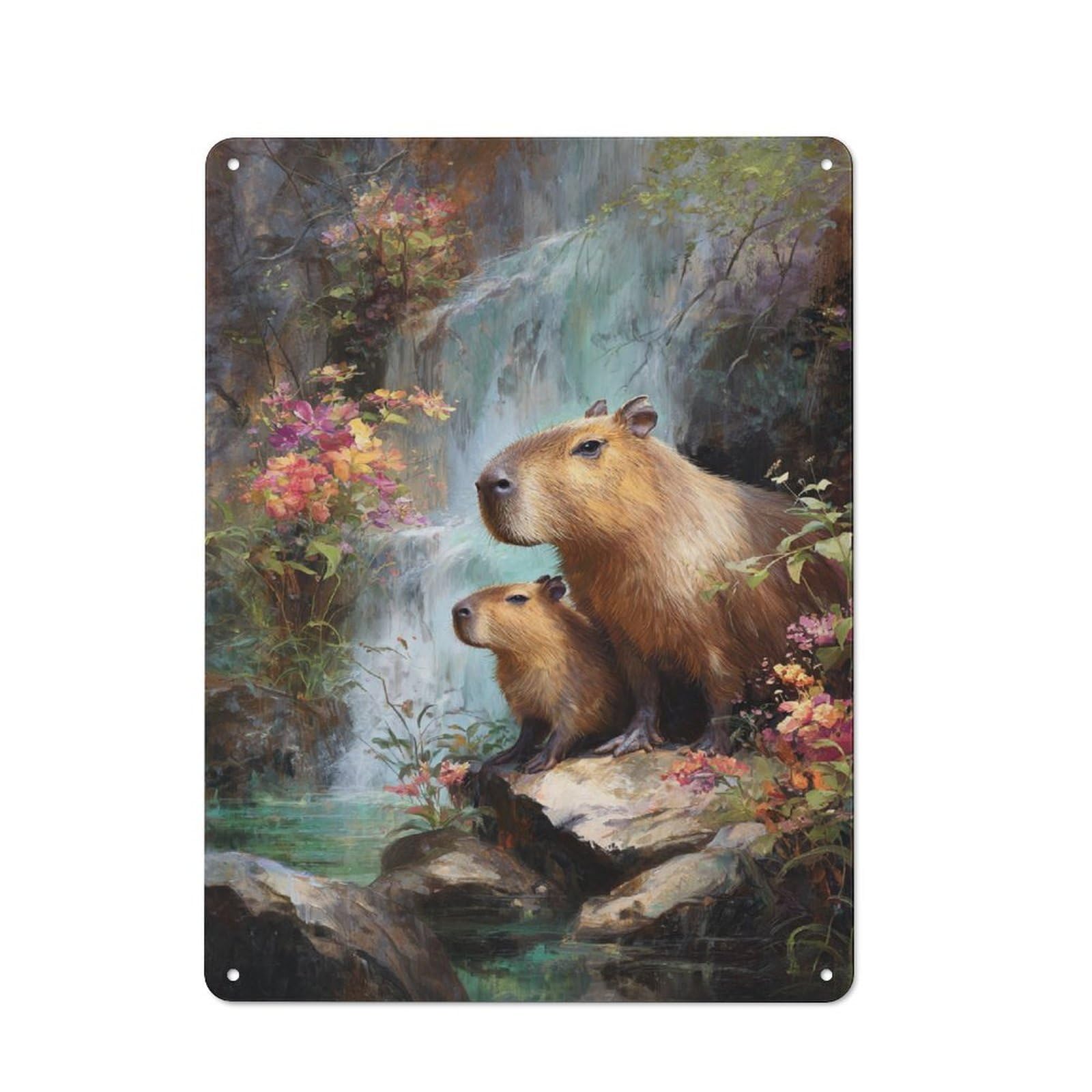 Junmoney Capybara Duo By The Waterfall 40X30cm Retro Metal Plaque With For Garage Or Workshop, Housewarming Present For People Styling Garage And Workshop