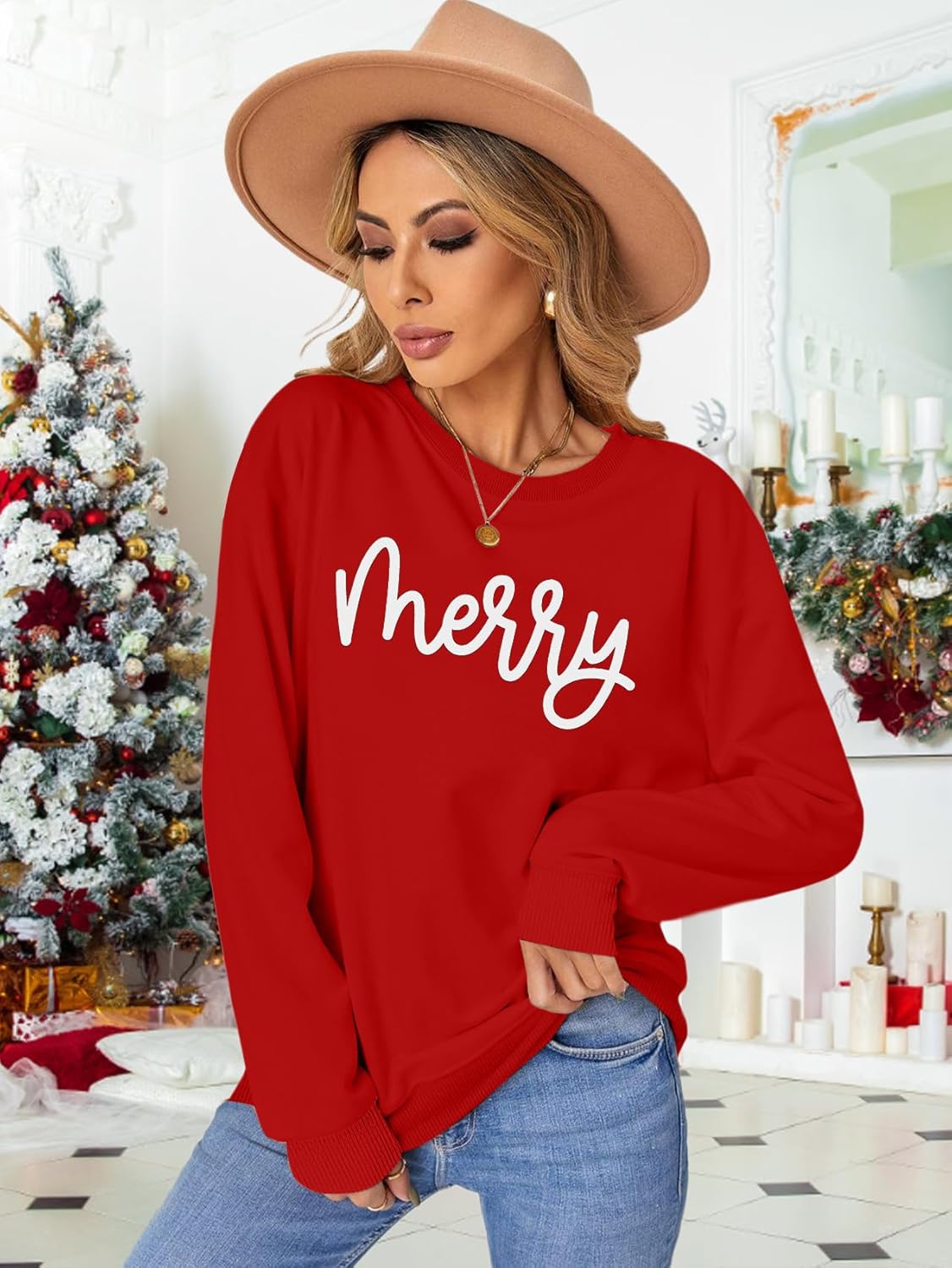 PECHAR Christmas Sweatshirt for Women: Merry Shirt Christmas Crewneck Sweatshirt Xmas Long Sleeve Pullover Tops - Image 3