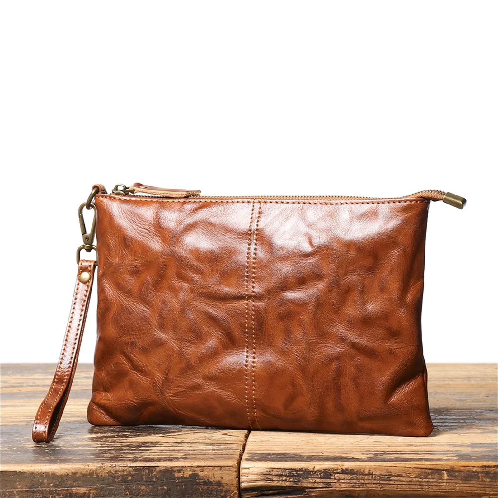 Portafoglio pochette in pelle vintage, cerniera sicura, elegante braccialetto da uomo