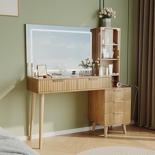 Fluted Vanity Desk with 36" LED Mirror, 48" Modern Makeup