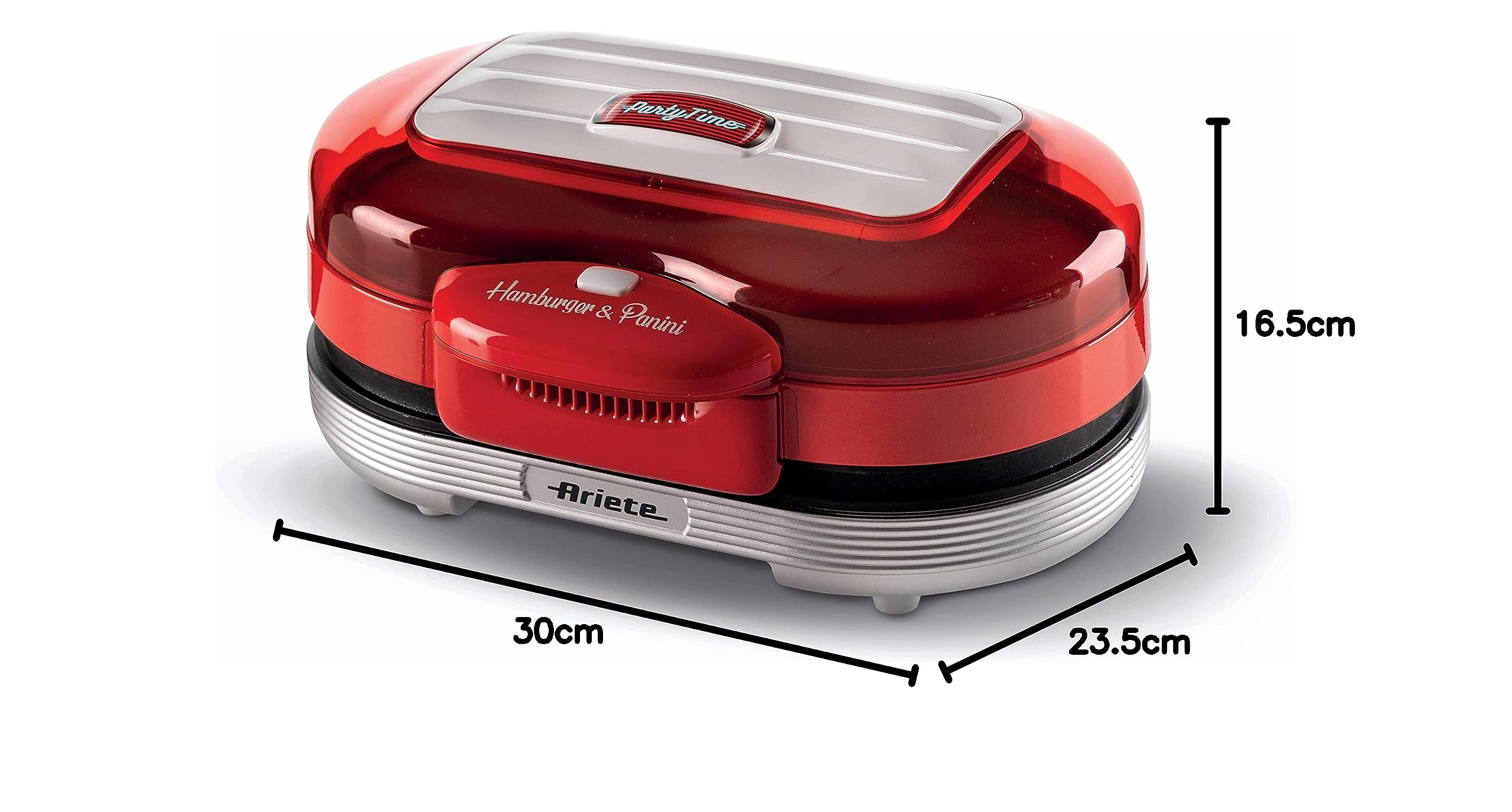 Ariete Hamburger Maker Party Time 205, Piastra Elettrica per Hamburger, Griglia Elettrica con Doppie Piastre Antiaderenti, 2 Scomparti per Riscaldare, Facile da Pulire, 1200 W, Rosso