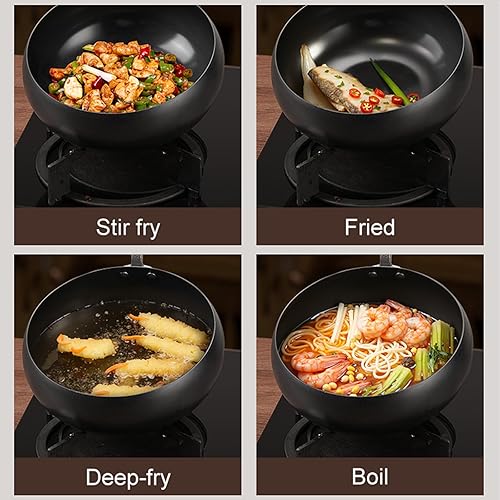 Miniatura 5 de Wok de acero al carbono, woks de 11 pulgadas y sartenes para freír con tapa de vidrio, wok antiadherente de fondo plano, pequeño wok chino hecho a