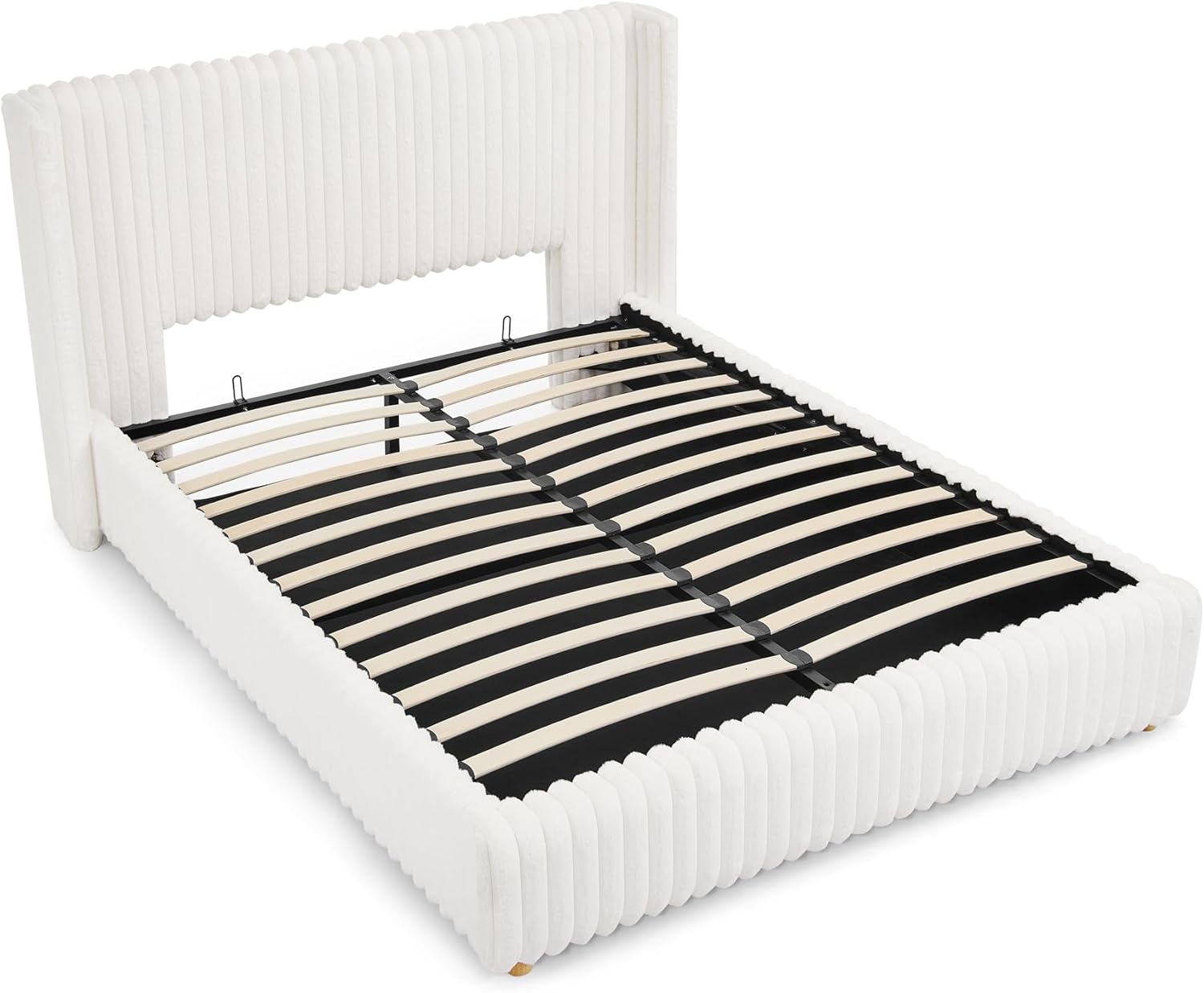 Queen Bed Frame with Storage, Upholstered Platform Bed Frame with Plush Rabbit Fur Headboard, Adult Floor Bedframe with Wooden Slats Support, No Box Spring Needed for Bedroom, Apartment, Beige