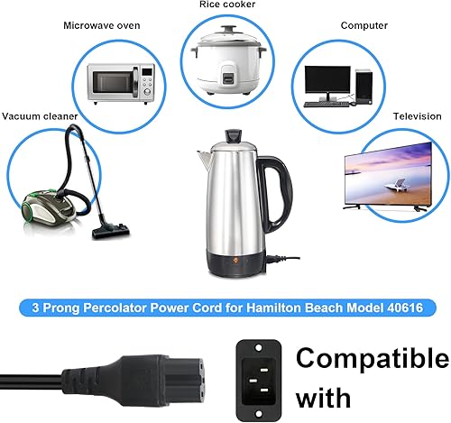 Miniatura 3 de Cable de alimentación percolador de 3 clavijas para Hamilton Beach Modelo 40616, piezas de repuesto para cafeteras Farberware, monitores de 3 pies