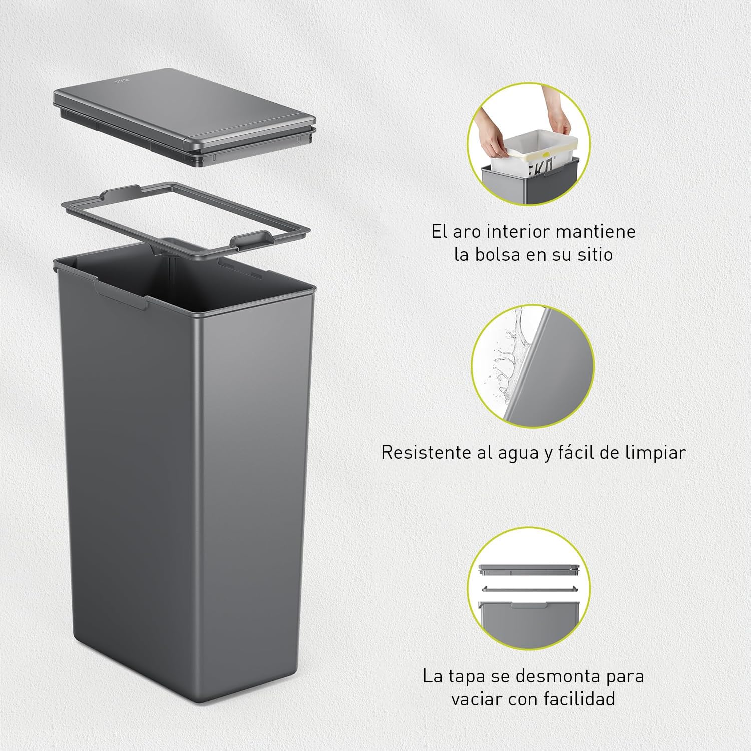 EKO - Cubo de Basura Cocina Morandi - 30 L - Apertura Táctil con Tapa - Borde Interior Extraíble y Sistema Modular para Reciclaje - Gris Oscuro