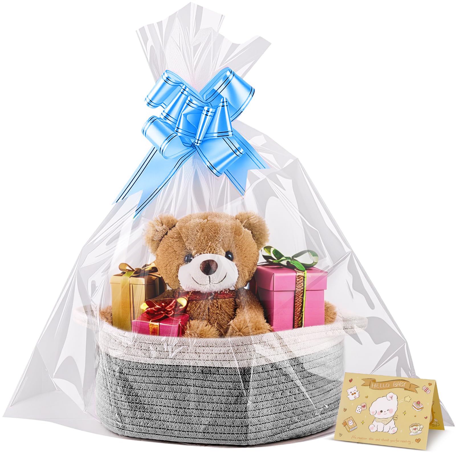 Boensi Small Woven Basket, 12" x 8" x 5" Gift Basket Empty with Ribbon and Gift Bag, Rope Basket for Baby Shower, Holiday Presents,Storage Basket with