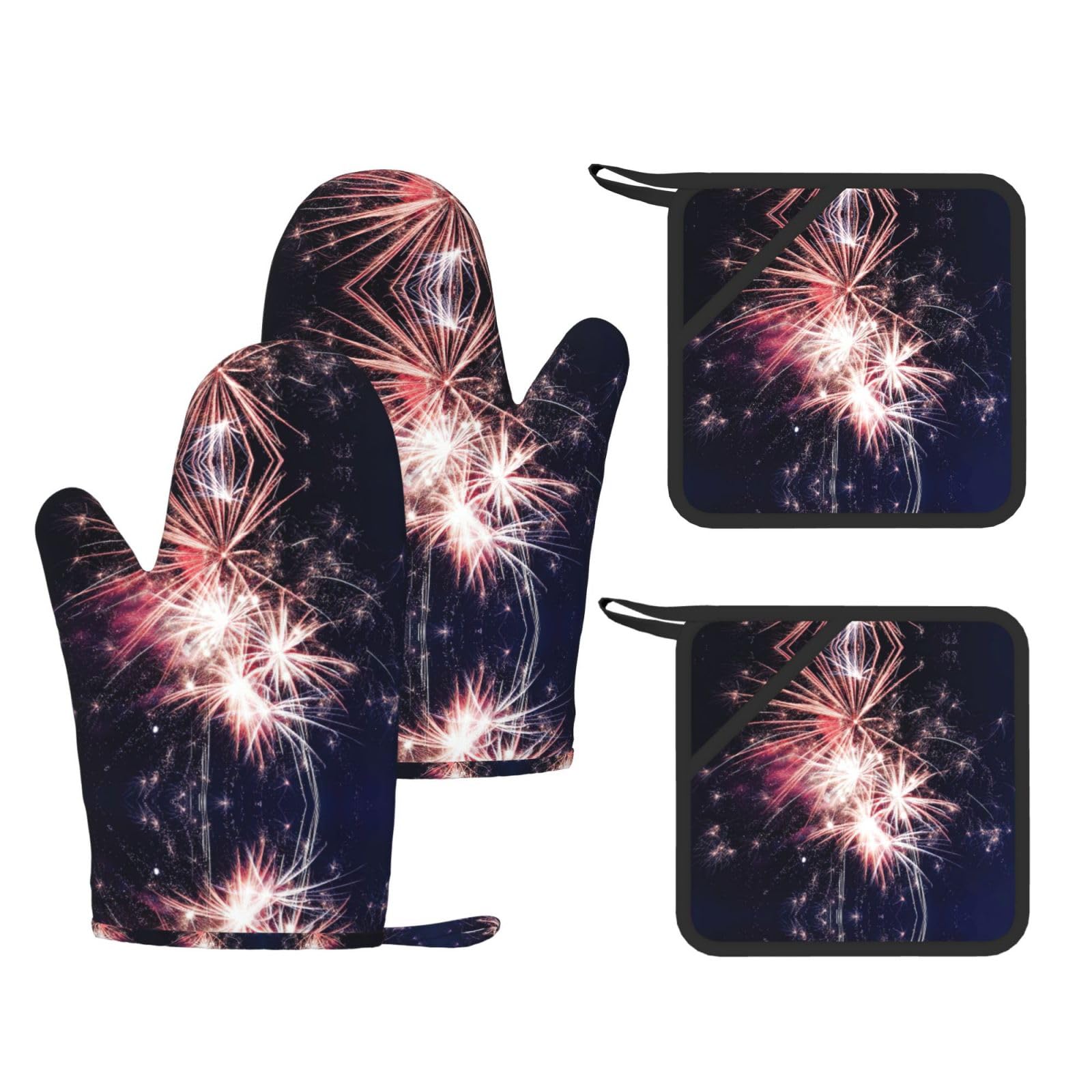 Explosion Firework Printed Pot Holders and Oven Mitts 4-Piece, Non-Slip Kitchen Gloves with Utensil Pocket for BBQ