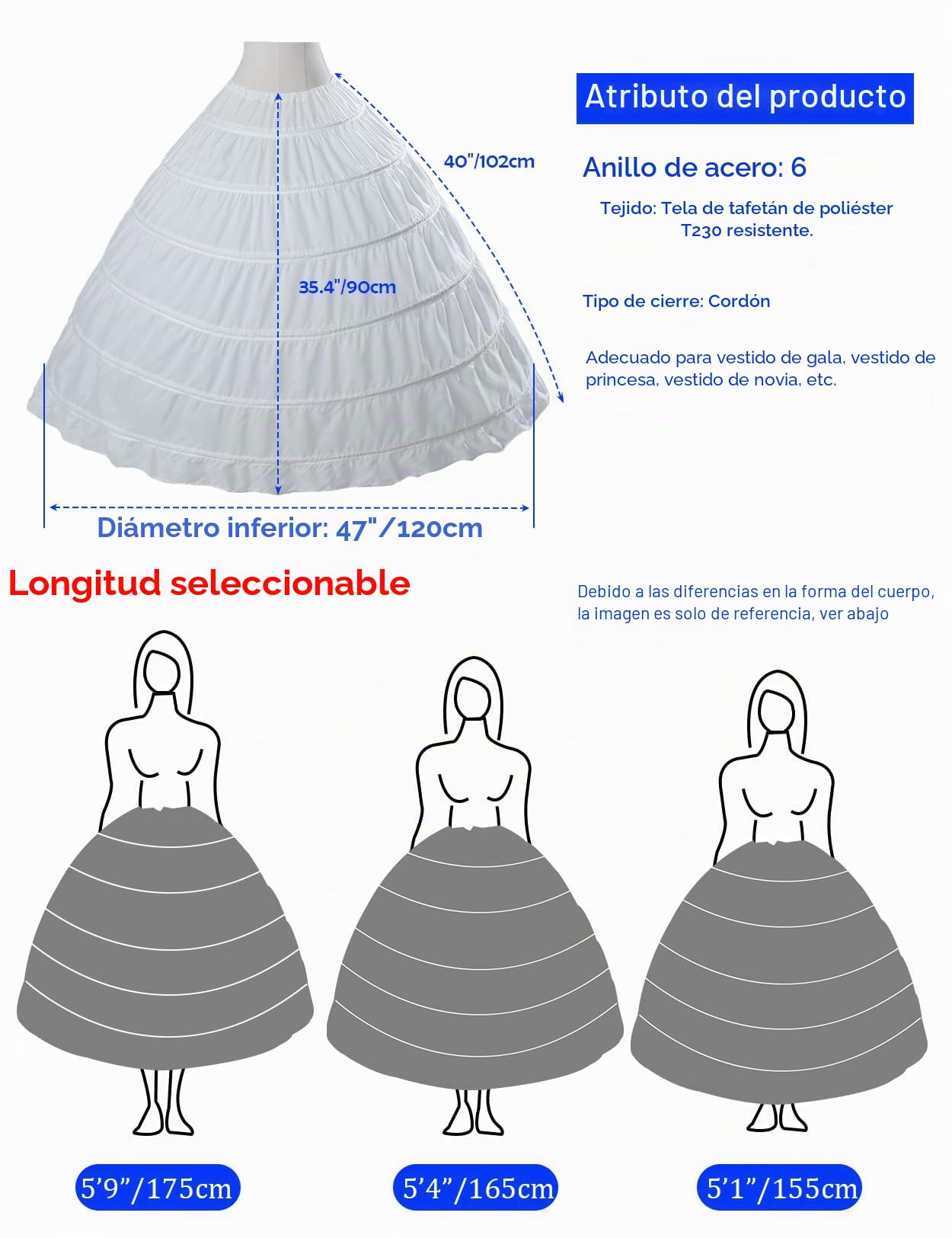 BEAUTELICATE Cancan Mujer Crinolina Enaguas para Vestidos Faldas Novia 6 Aros hasta el Piso