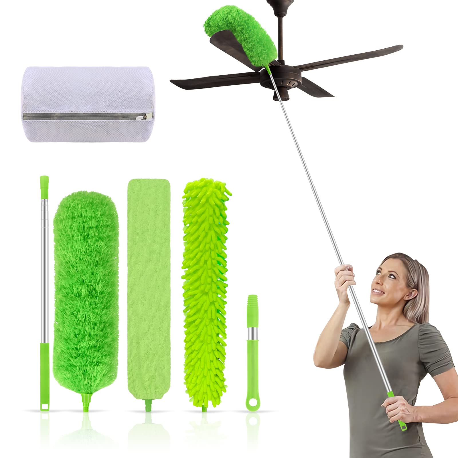 yinhua 6Pcs Microfiber Duster with Extension Pole, 30 to 100 Inches Extension Pole with Bendable Head, Washable Feather Dusters for Cleaning High Ceiling, Blinds, Furniture, Cars (Green)