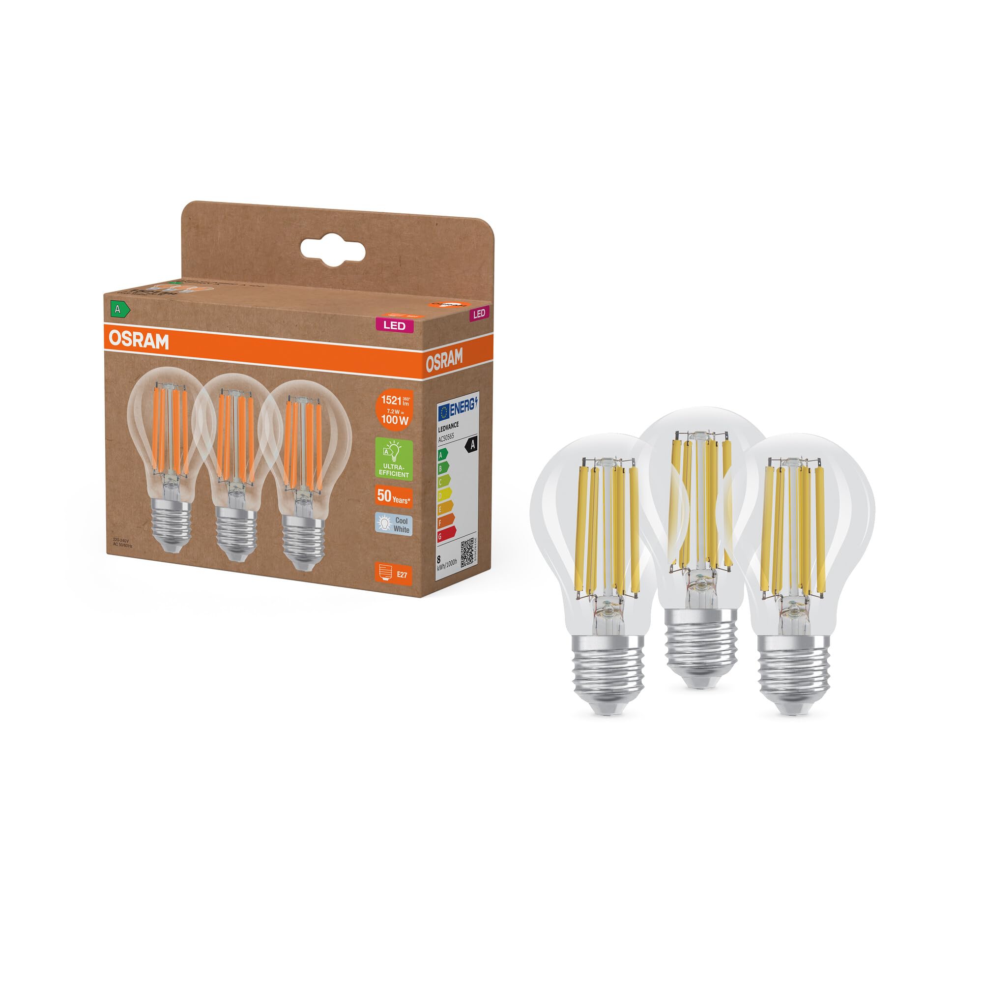 Osram LED LAMPS ENERGY CLASS A ENERGY EFFICIENCY FILAMENT CLASSIC A in A-Form, LED-Lampe, Glas, klar, 7,2 W, 1521 lm, 4000 K, Energieeffizienzklasse: A, CRI 80