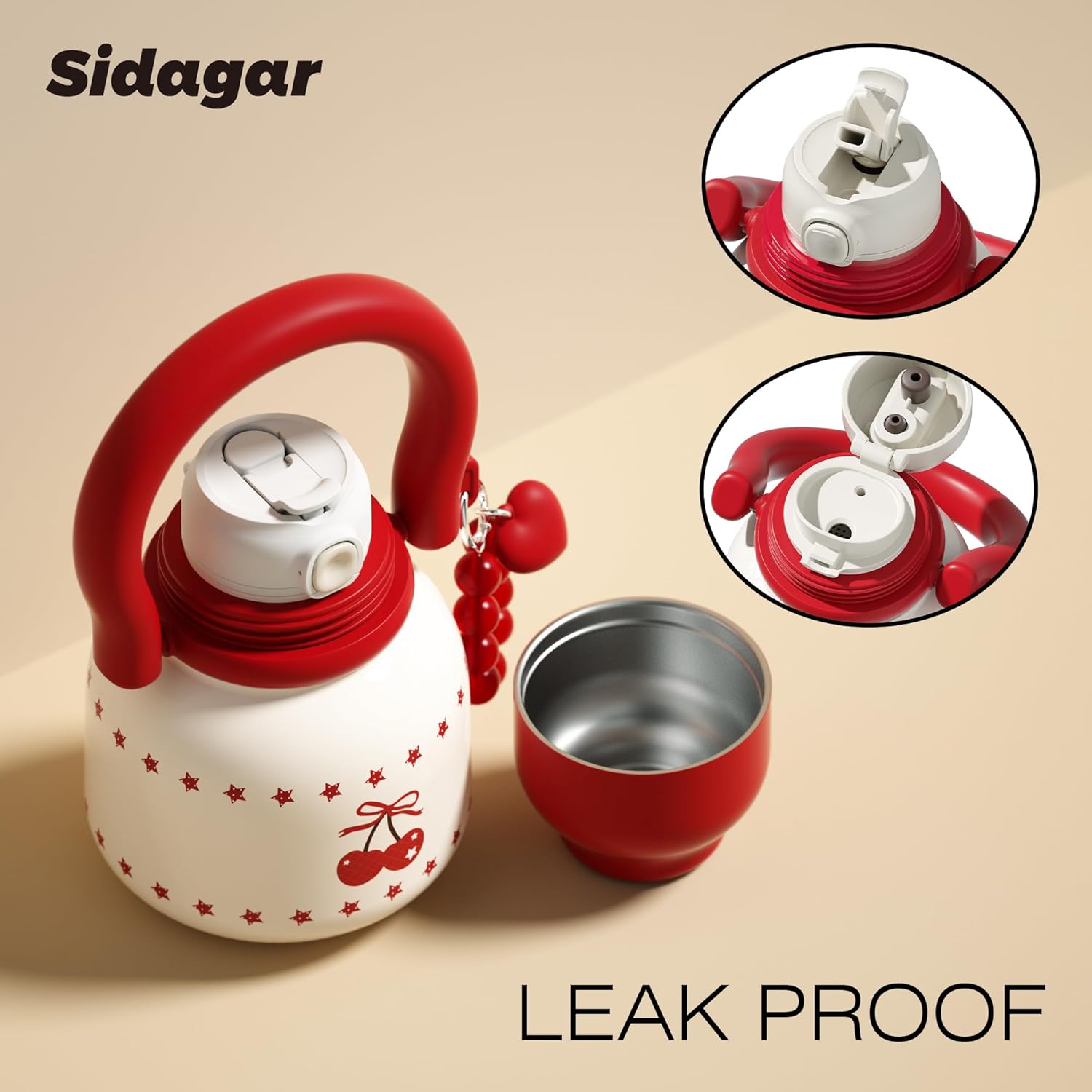 22 oz Water Bottle with Straw and Bowl, Wide Mouth Insulated Stainless Steel; Leak-Proof 316L Healthy Flask for Women & Kids, Yoga & Travel; with Heart Bracelet Charm, Cherry White - Image 4