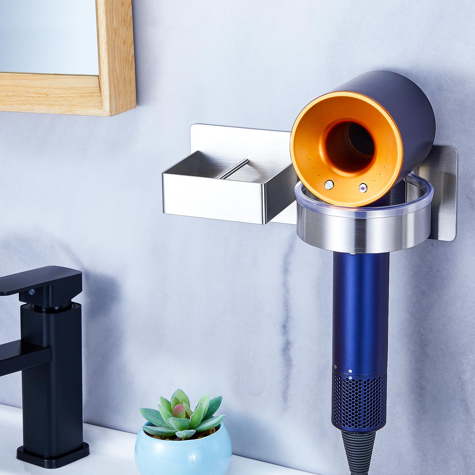 Soporte para secador de pelo montado en la pared, organizador de herramientas de pelo para baño, soporte adhesivo para secador de pelo, soporte para secador de pelo de acero inoxidable