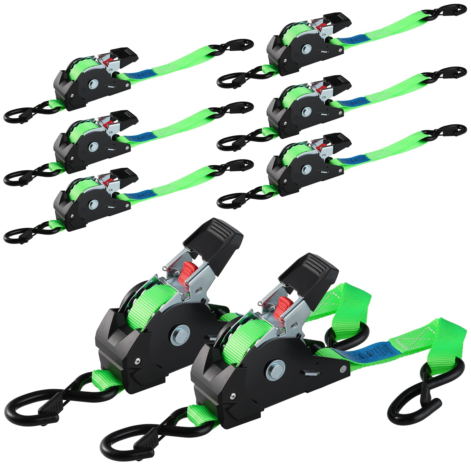 TLGREEN Automatik Spanngurt, 8 Stück, 3 m x 25mm, Selbstaufrollende Spanngurte mit S Haken, 748kg Bruchfestigkeit, 300 daN Zugfestigkeit, Zurrgurt für Anhänger, Motorrad, Fahrrad & Mehr, Grün