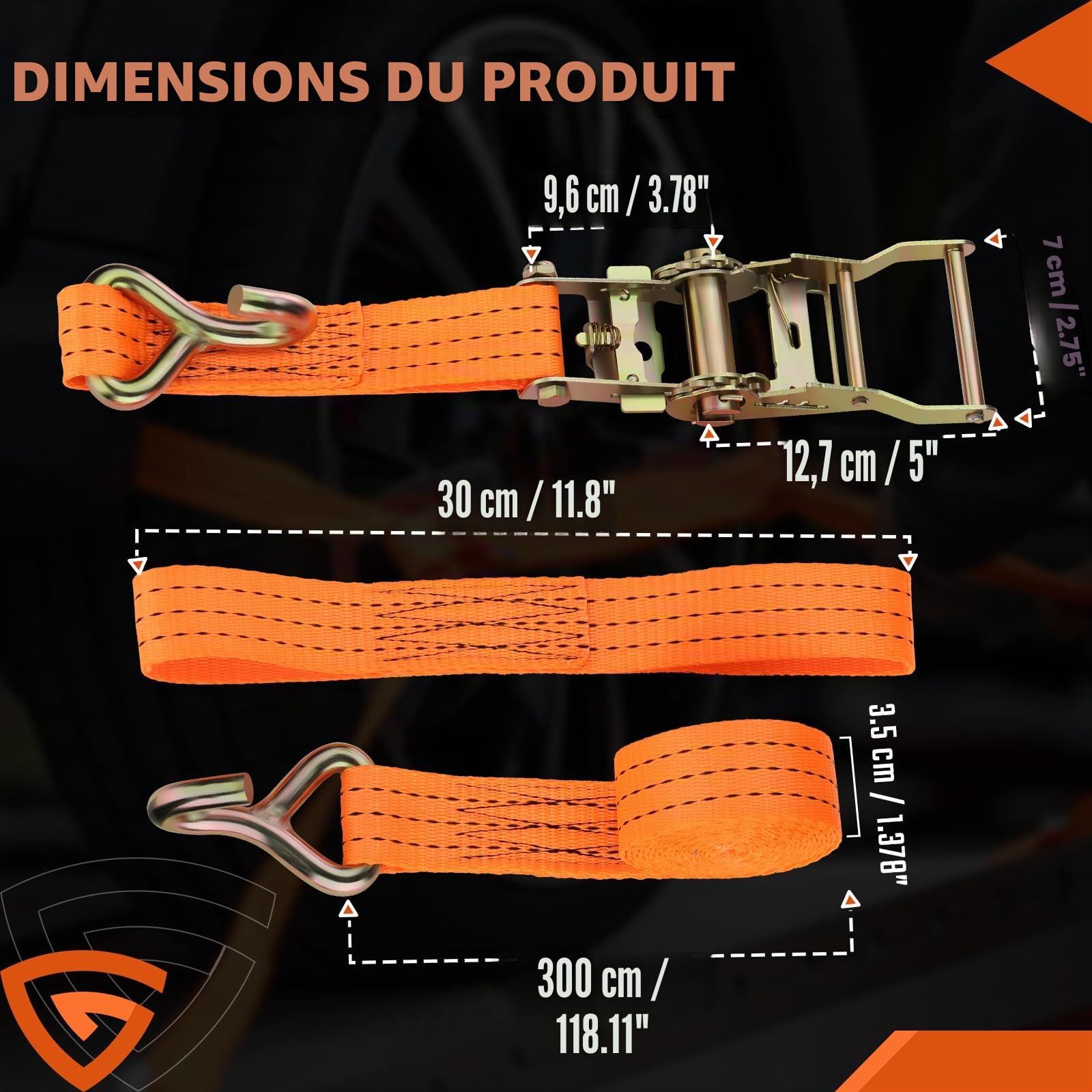 GEARMONSTER Lot de 4 sangles d'arrimage pour transport de voiture, 3 m, 35 mm, 2000 daN, sangle d'arrimage à cliquet avec crochet pour la sécurité des roues sur remorque, voiture, véhicule