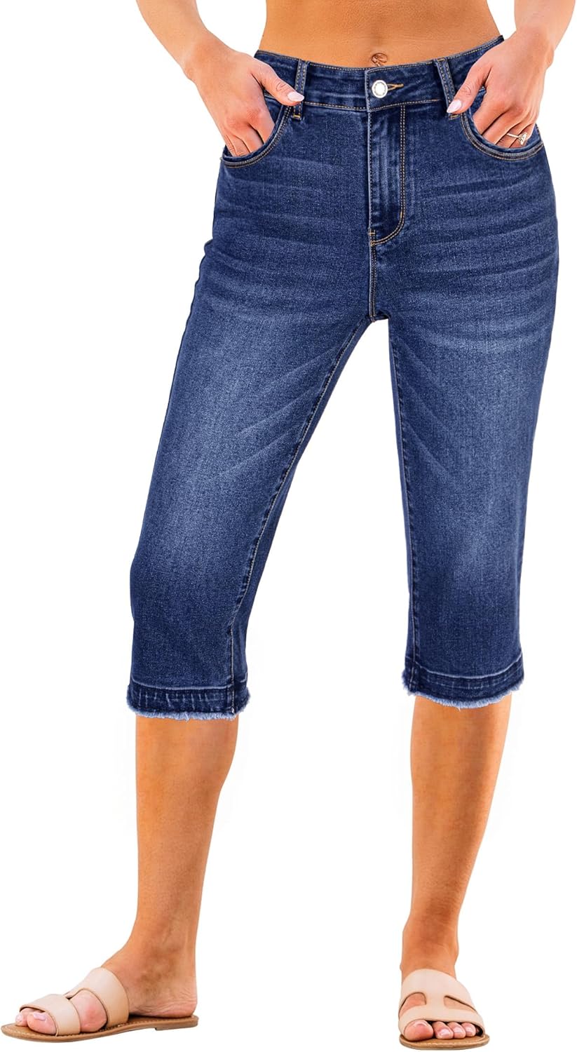 luvamia Capri Jeans for Women Trendy Mid Rise Distressed Raw Hem Casual Summer Stretchy Denim Capris Pants Relaxed Fit