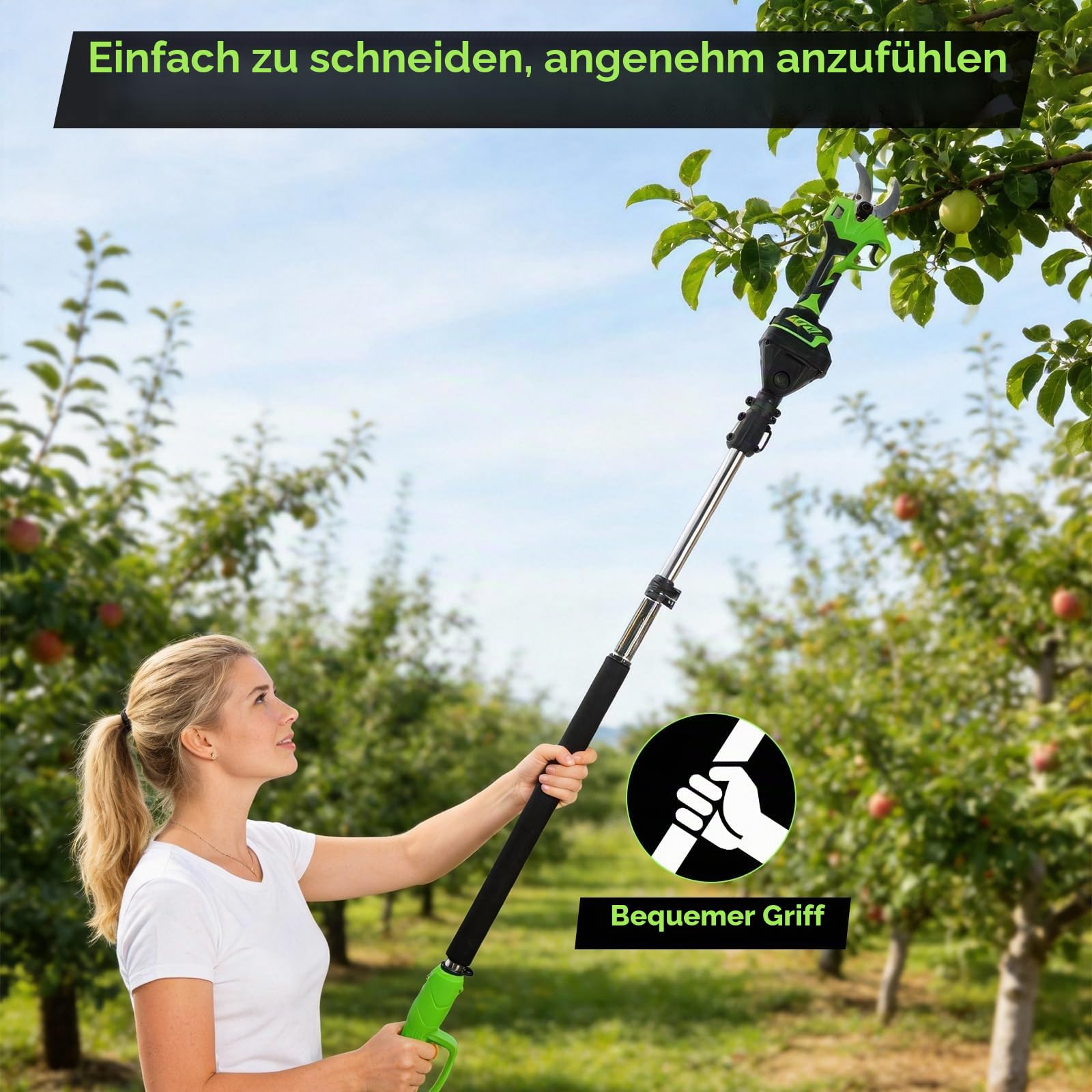 Akku Astschere Nexalite 40 mm mit 2 m Teleskopstange, LCD, 2x 2,0 Ah | für lange Einsätze,LCD,ABS/Alu leicht, Rutschfest,Obstbäume, Weinreben, Hecken