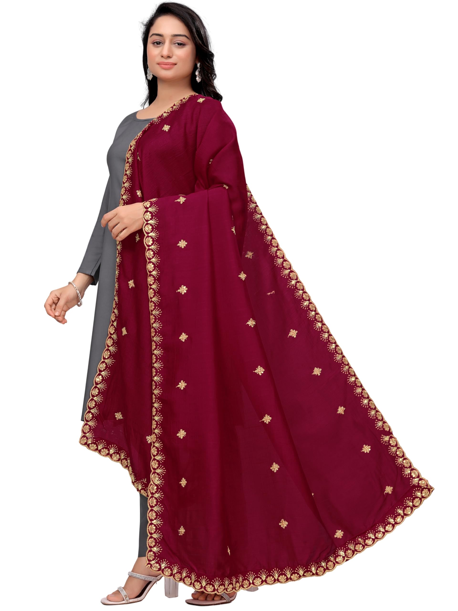 Women Vichitra Art Silk Embroidered Beads Work Dupatta Floral Phulkari Pattern With Embroidery Border-picture-29