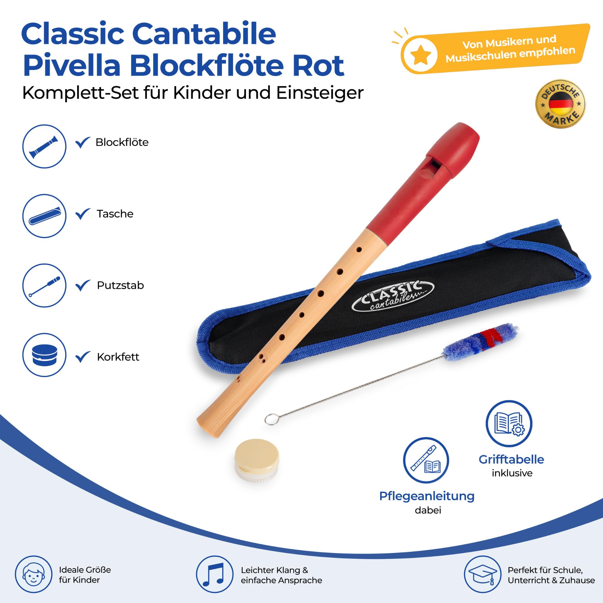 Classic Cantabile Pivella Flauta Dulce Roja, digitación barroca juego de 10 | Flautas dulces de 2 piezas, Cabeza de plástico especial rojo, Parte inferior de madera de arce, Afinación: C-Soprano