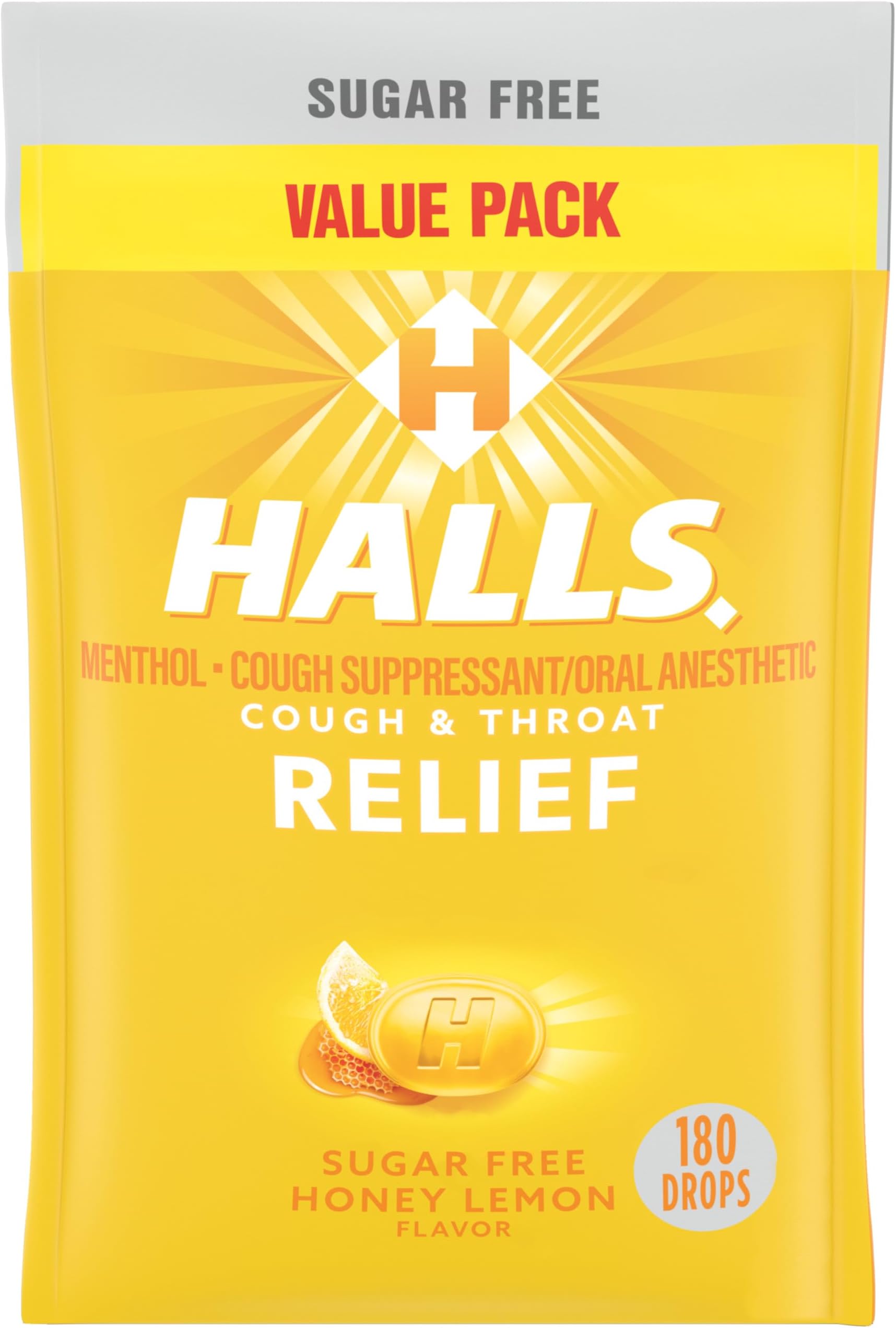 Relief Honey Lemon Sugar Free Cough Drops, Value Pack, 180 Drops