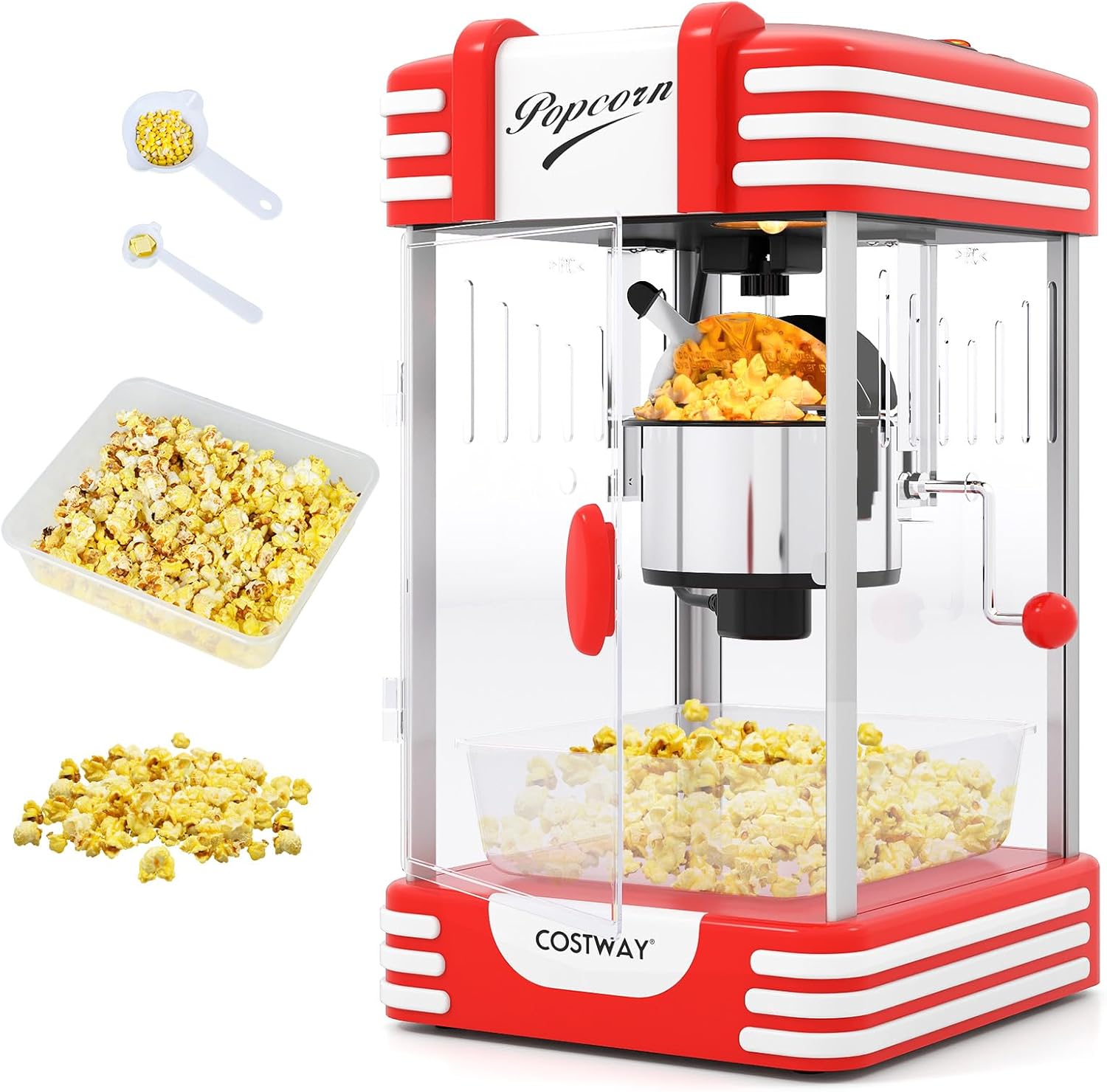 COSTWAY Popcorn Machine, Theater Style Countertop Popcorn Maker with Stainless Steel Kettle, Halogen Light, Kernel & Oil Scoops, Removable Serving Tray for Home Party, Movie Night, ETL Certified