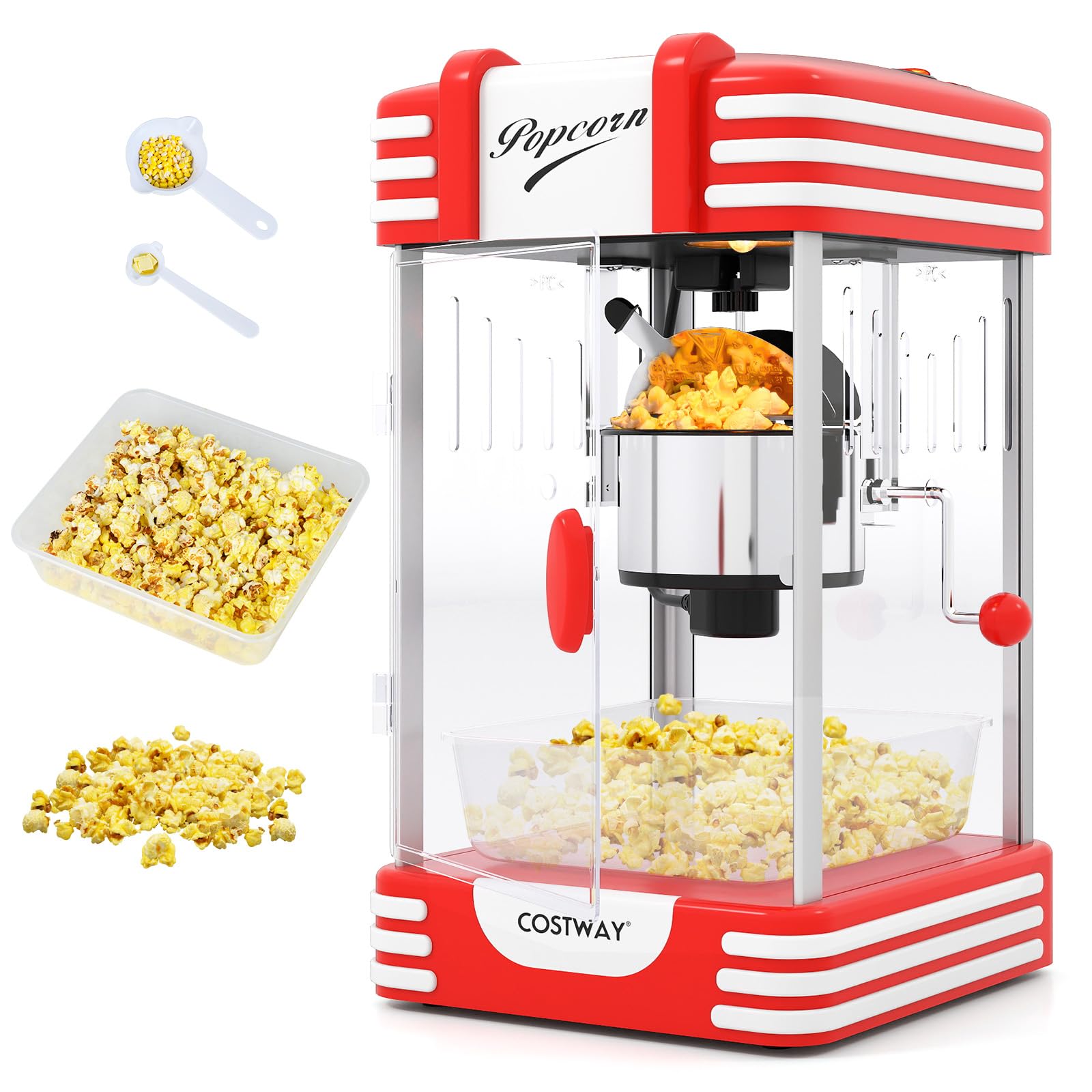 COSTWAY 300 W Palomitero Eléctrico Antiguo, Máquina de Palomitas Sobremesa con Luz Halógena, Olla de Acero Inoxidable, Cucharas para Granos y Aceite, Bandeja de Servicio, Rojo