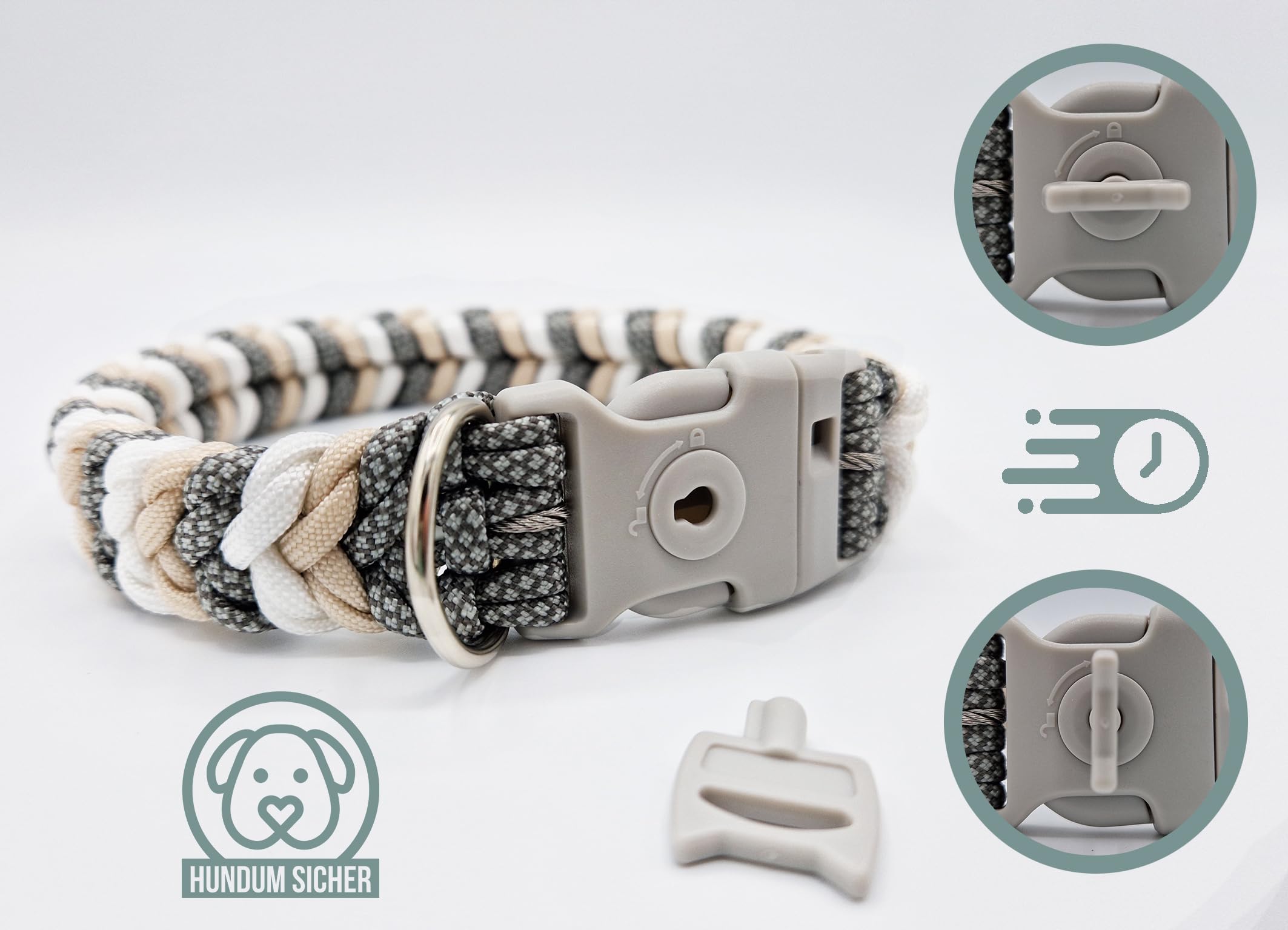 Diebstahlschutz-Hundeleine und Halsband Set, Abschließbar mit Schloss, Mehrfach verstellbar, Geflochten aus Paracord, Beige & Grau & Weiß (M (Leine: 180cm))