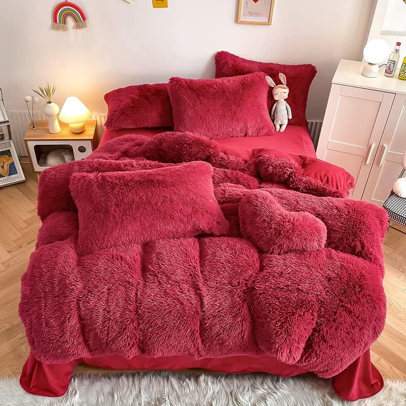 Amazon.com: chovy Faux Fur Plush Dark Red Comforter Sets King