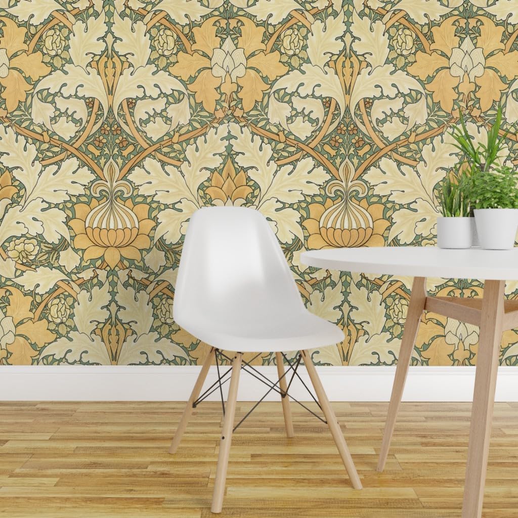 Spoonflower Removable Wallpaper 3ft x 2ft - Damask Green Flowers Floral Antique Victorian Sage Art Nouveau Custom Pre-Pasted Wallpaper