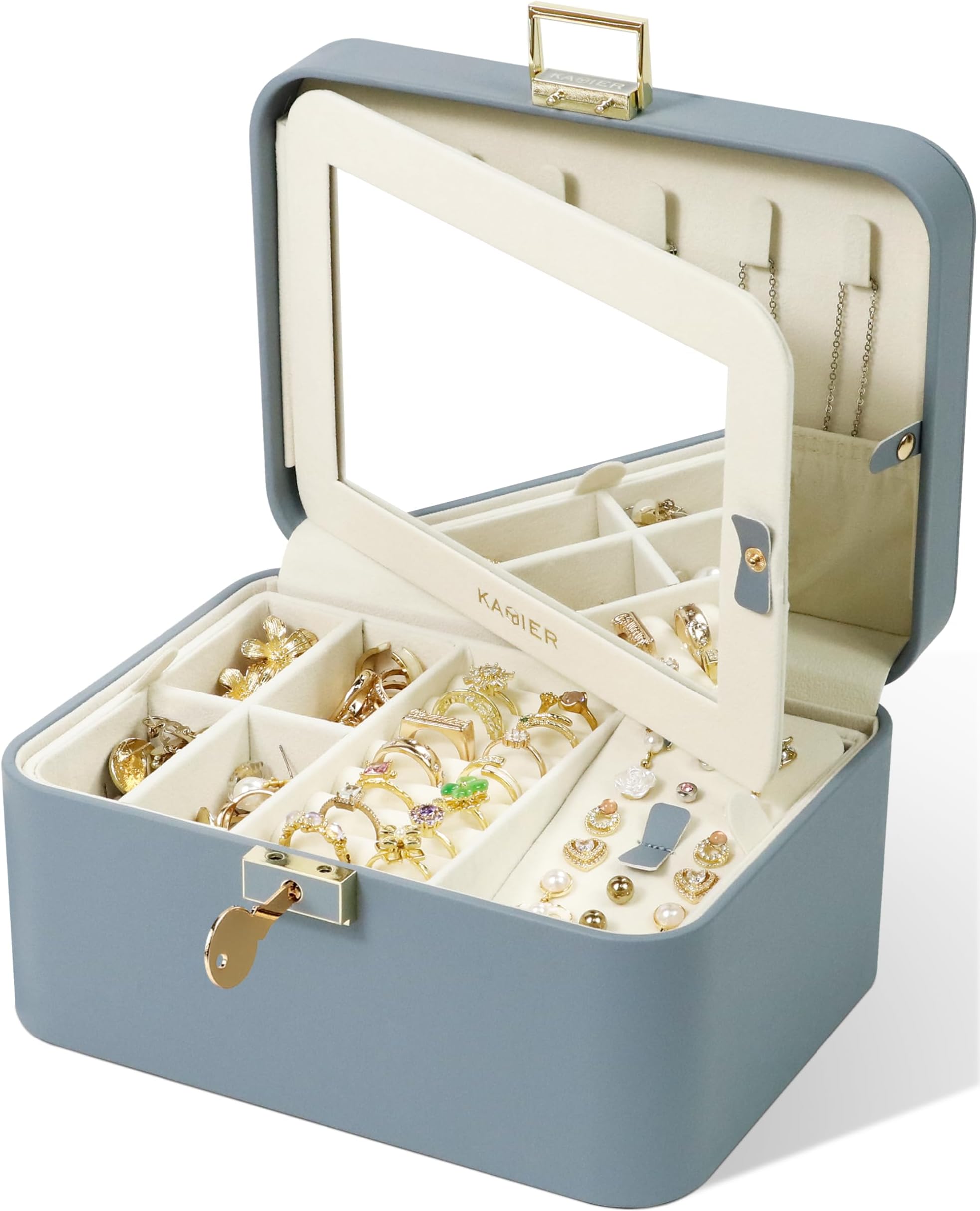 KAMIER Jewelry Organizer Box, 2 Layers PU Leather, Large Capacity, Double Lock and Large Mirror, Hidden Necklace Hooks, Removable Dividers, Gift Box Packaging,Bluish Grey