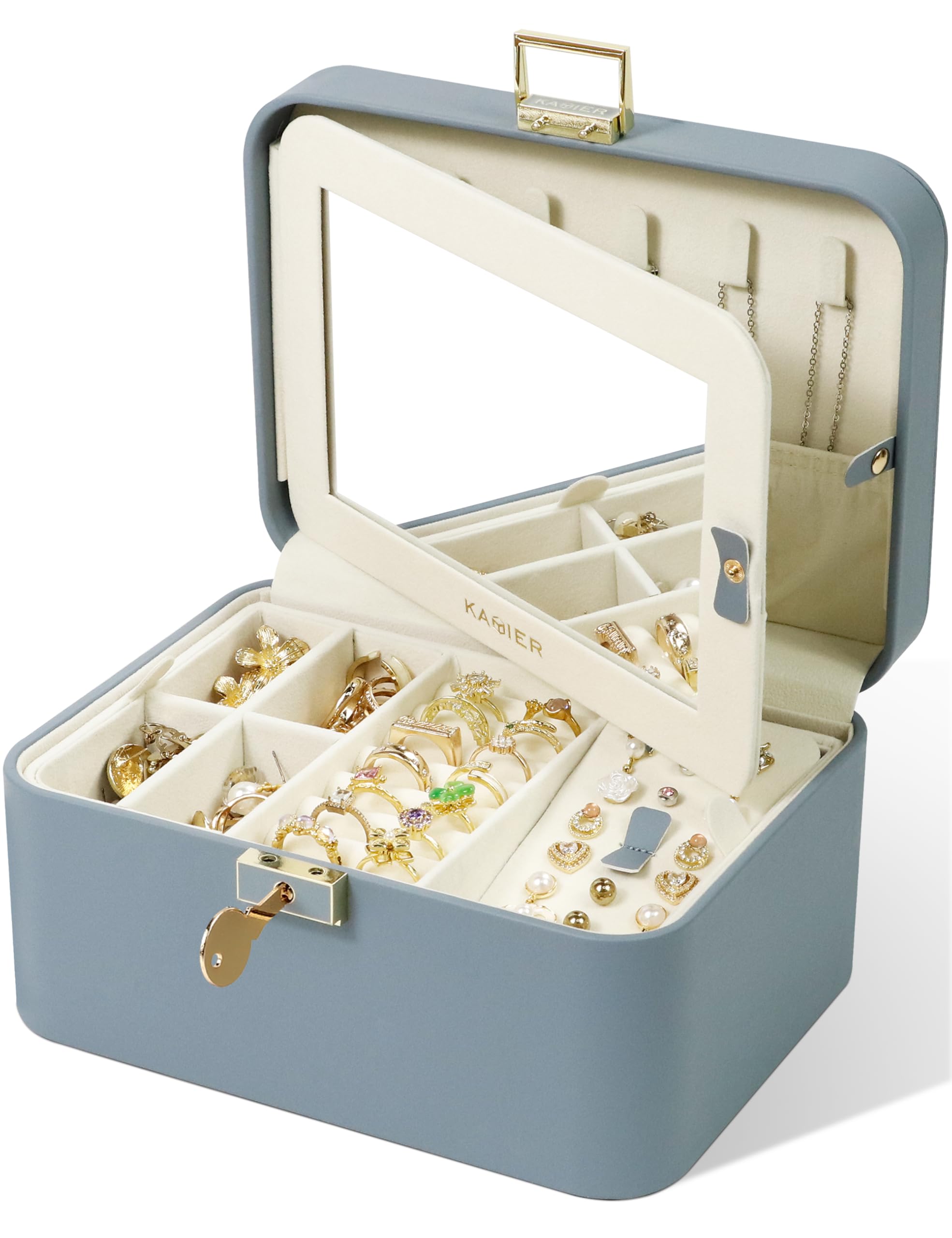 KAMIER Schmuckkästchen mit Spiegel und Schloss, 2-stöckige luxuriöse und geräumige Schmuckschatulle aus hochwertigem Flanell für Damen, Ringe, Ohrringe, Armbänder und Halsketten, Beige