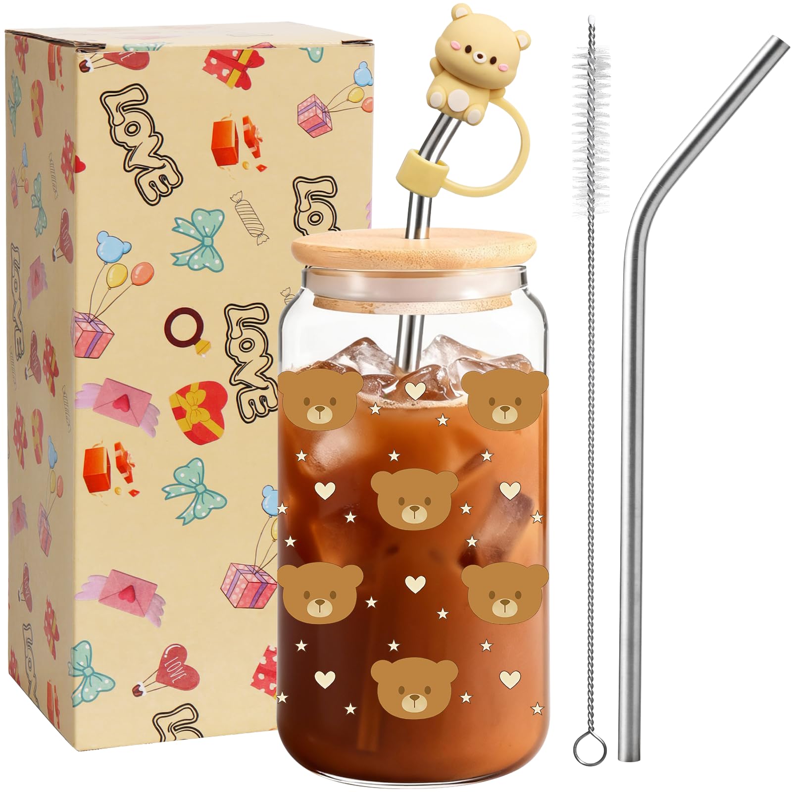16oz Bear Cup, Matcha Glass Coffee Cute Glass Cup with Lid Straw for Friend