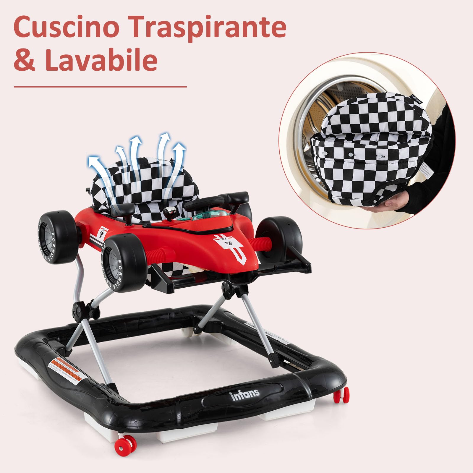 RELAX4LIFE 4 in 1 Girello a Spinta Primo Passo per Bambini da 6 a 18 Mesi con Luci e Suoni, Velocità e Altezza Regolabili, Portata 12 kg, 64x73x50,5/55,5 cm (Modello 2-Rosso) (ROSSO)