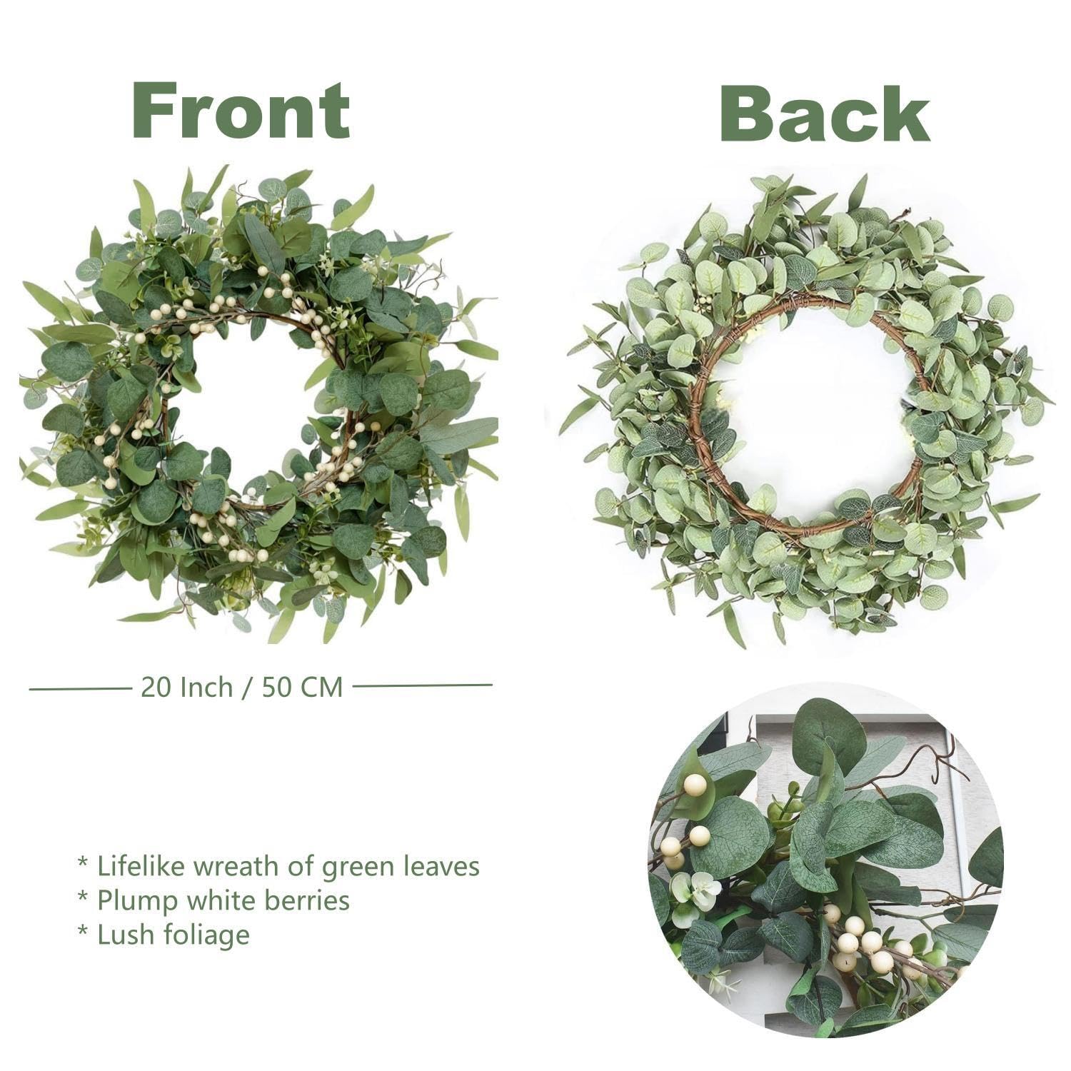 Avoik Artificial Green Eucalyptus Wreath for Front Door, 20" Faux Eucalyptus Leaves Wreath Artificial Summer Greenery Wreath for Wall Window Festival Wedding Home Decoration