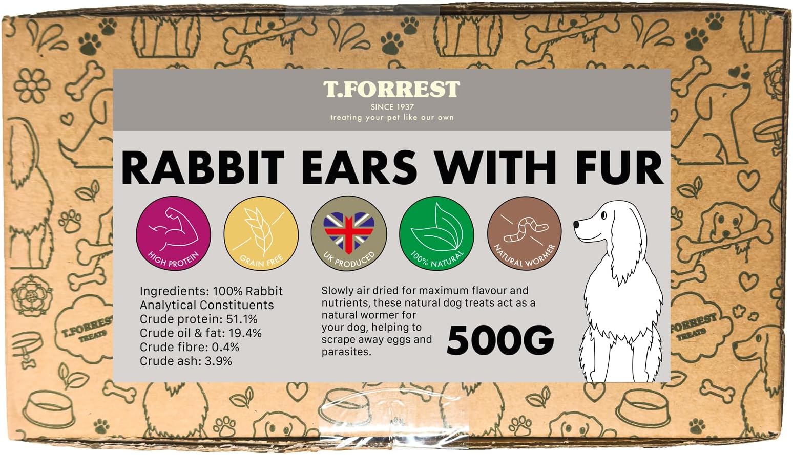 TailWagger Treats British Air Dried Rabbit Ears with Fur x500g For Dogs, 100% Natural Air Dried Grain & Gluten Free