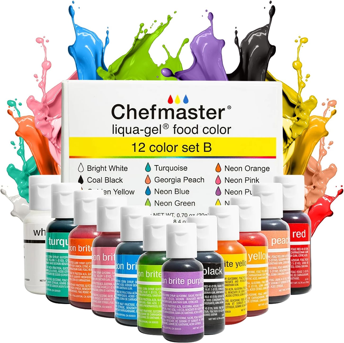 Chefmaster - Liqua-Gel Food Paint - Set of 12 Colours B - Fade Resistant Food Colors- 12 Pack - Vibrant, Eye-Catching Colours, Easy To Blend Formula, Fade Resistant - Made in USA