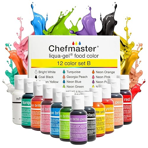 Chefmaster - Liqua-Gel - Colorante alimentario - Juego de 12 colores B - Colorante alimentario resistente a la decoloración - Paquete de 12 -
