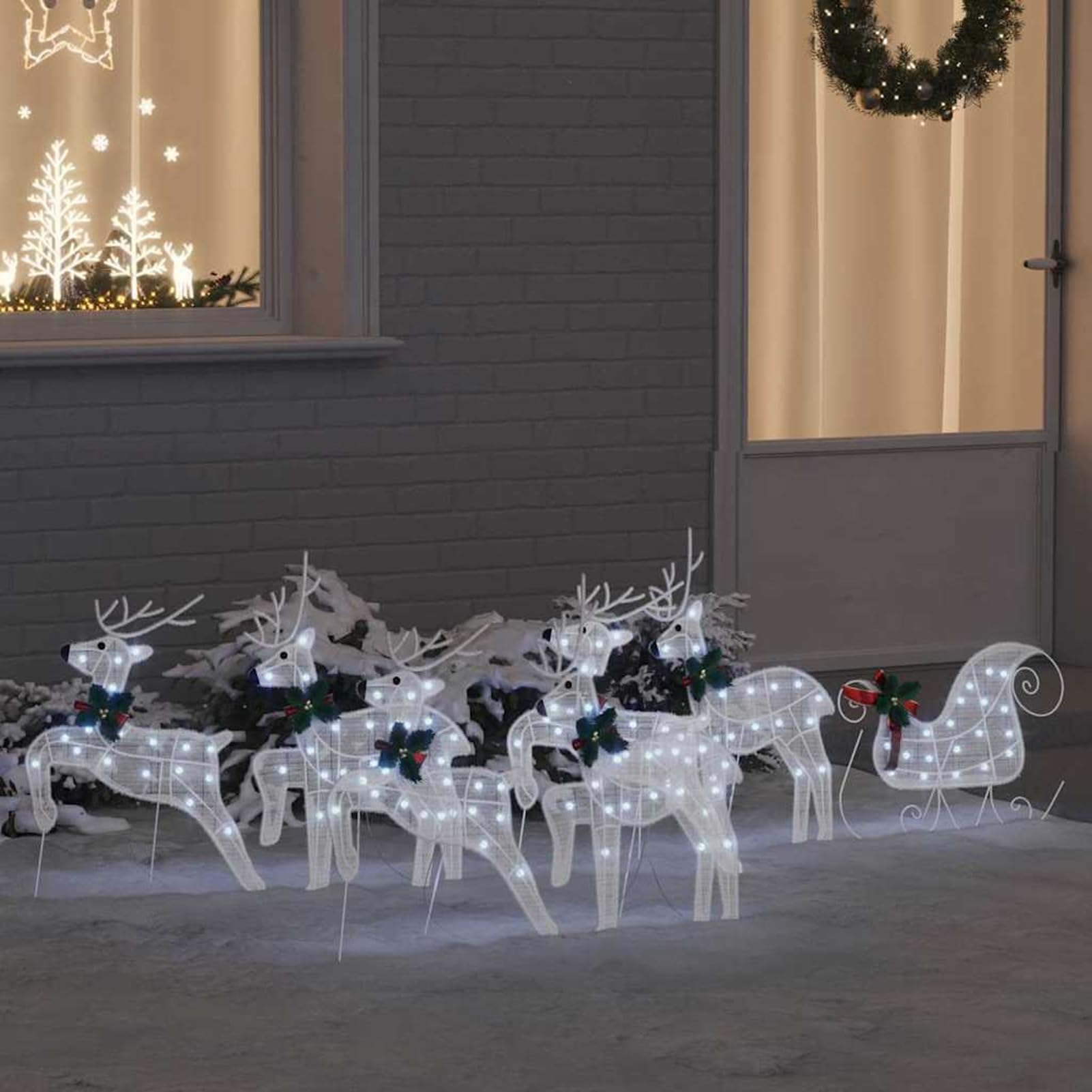 Gecheer LED Rentiere 7 pcs Weiß Stoff, Weihnachtsdekoration für Weihnachtsmarkt Festliche Eventdekoration Garten Rasen Terrasse Vorgarten Fassade3385892