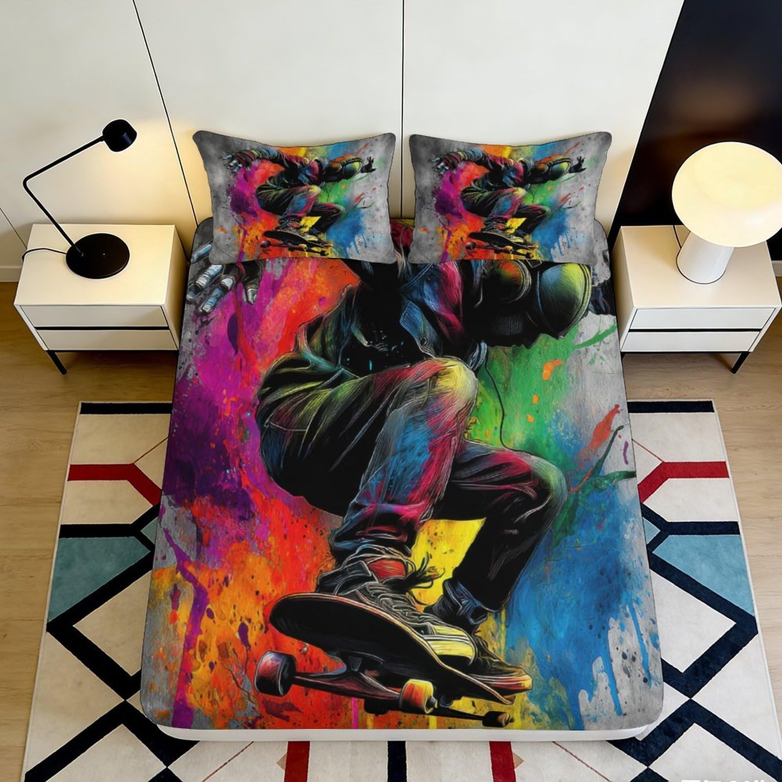 3D Printed Colorful Skateboarder Fitted Sheet Microfiber Durable Vibrant Graffiti Bed Sheet for Bedroom Dormitory Guest Room Mattress Protection 140x200x25cm
