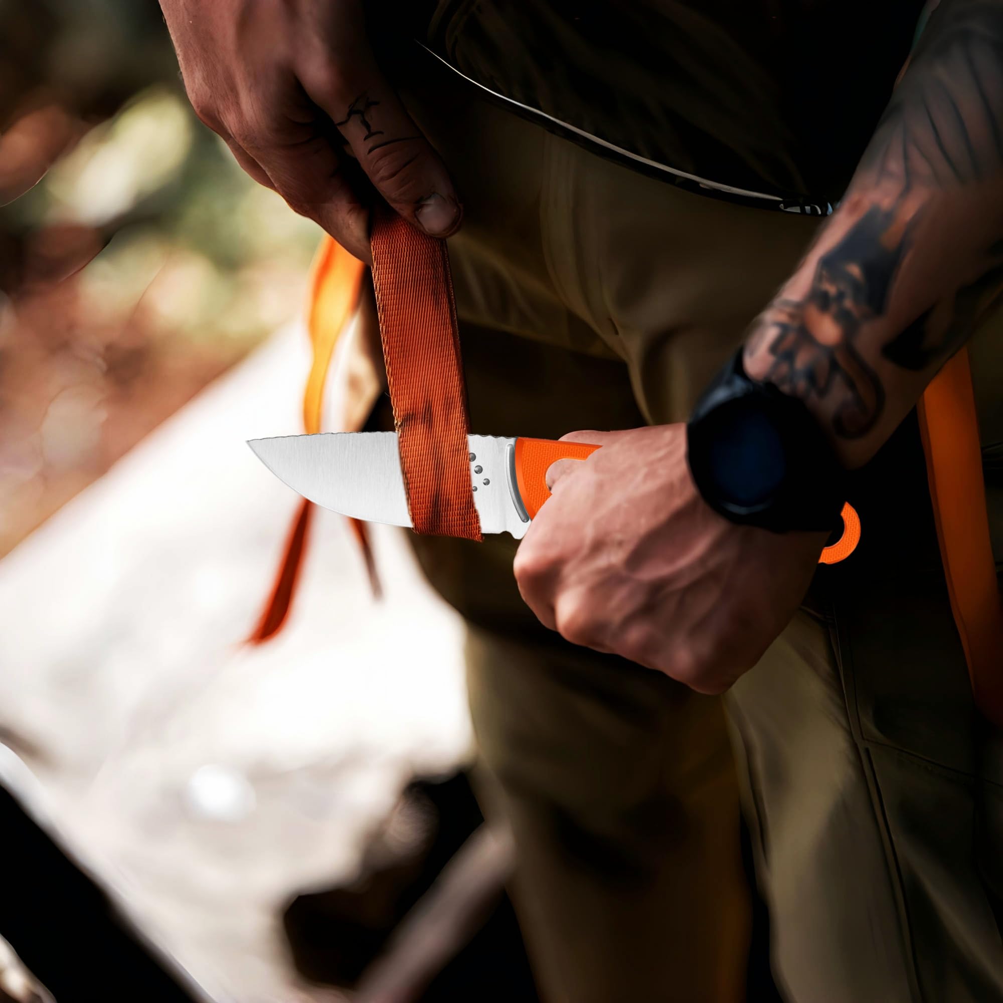 Coltello a lama fissa compatto leggero con fodero in pelle di vacchetta - Ideale per scuoiare, campeggio, attività all'aperto - Coltello a lama fissa EDC Bushcraft (Arancione)