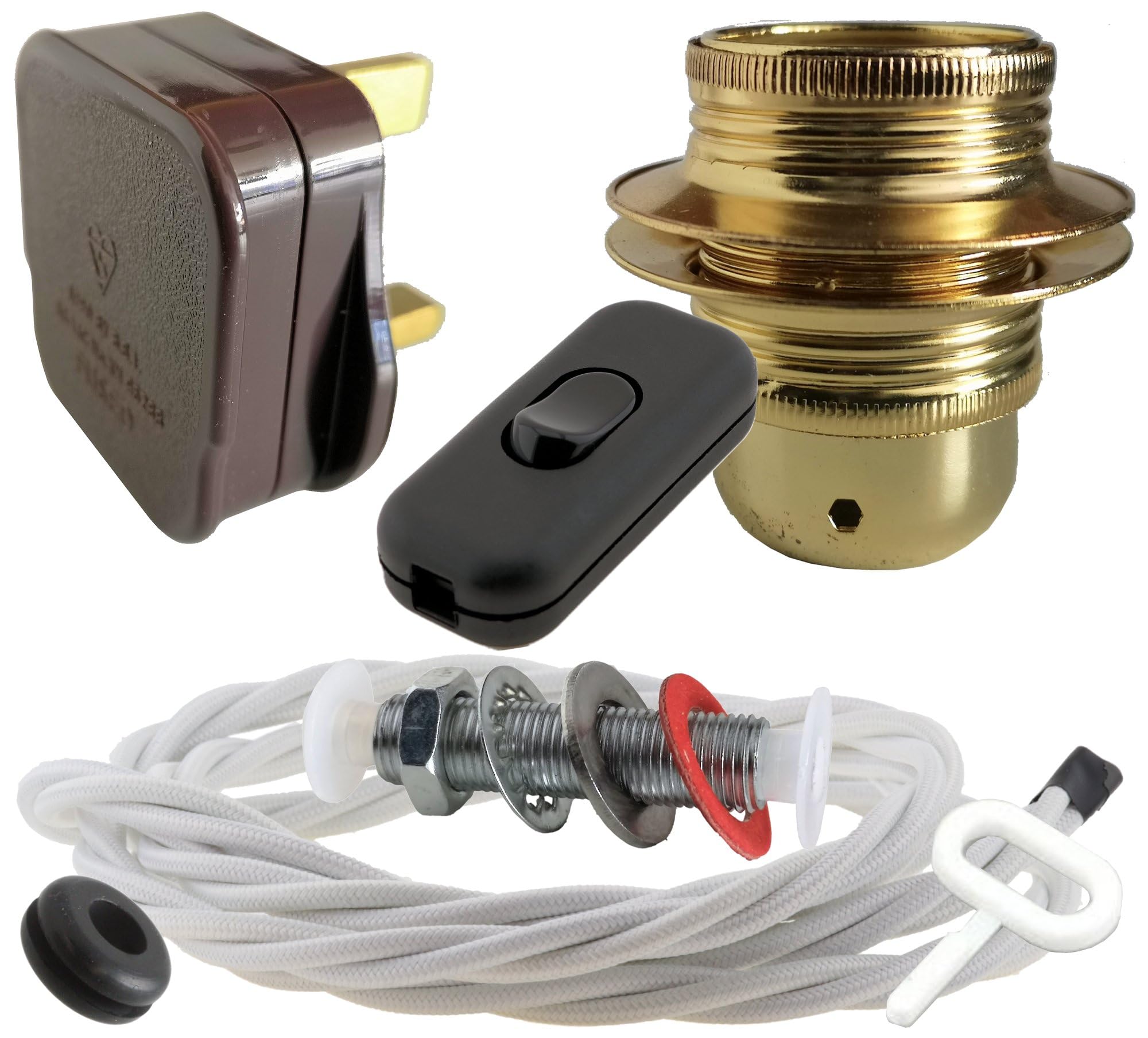 Art Deco Emporium Lamp Repair and Service Kit|Brown Plug|White Flex|Black Switch|E27 Brass Finish Lamp Holder Holder