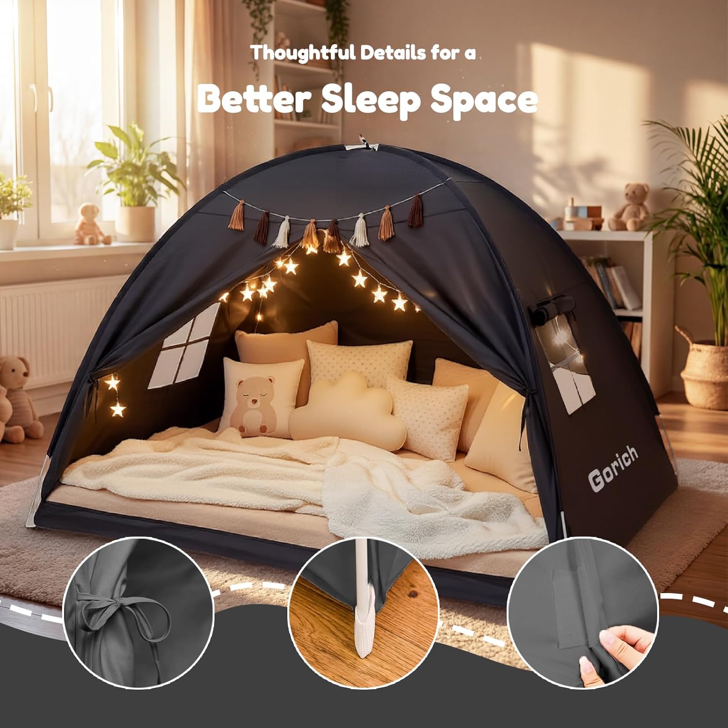 Gorich Twin Bed Tent for Kids, Indoor Privacy Toddler Sleeping Canopy with Mesh Window, Fits Bunk or Floor Bed, Include Star Lights & Tassels, Cozy Playhouse for Boys Girls Birthday