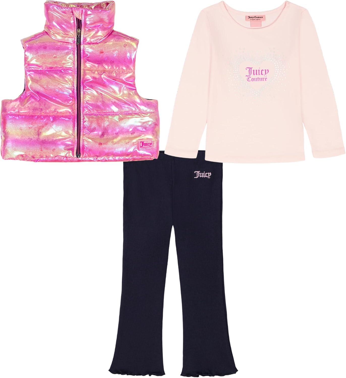 Juicy Couture girls 3 Pc Puff Vest Pant Set
