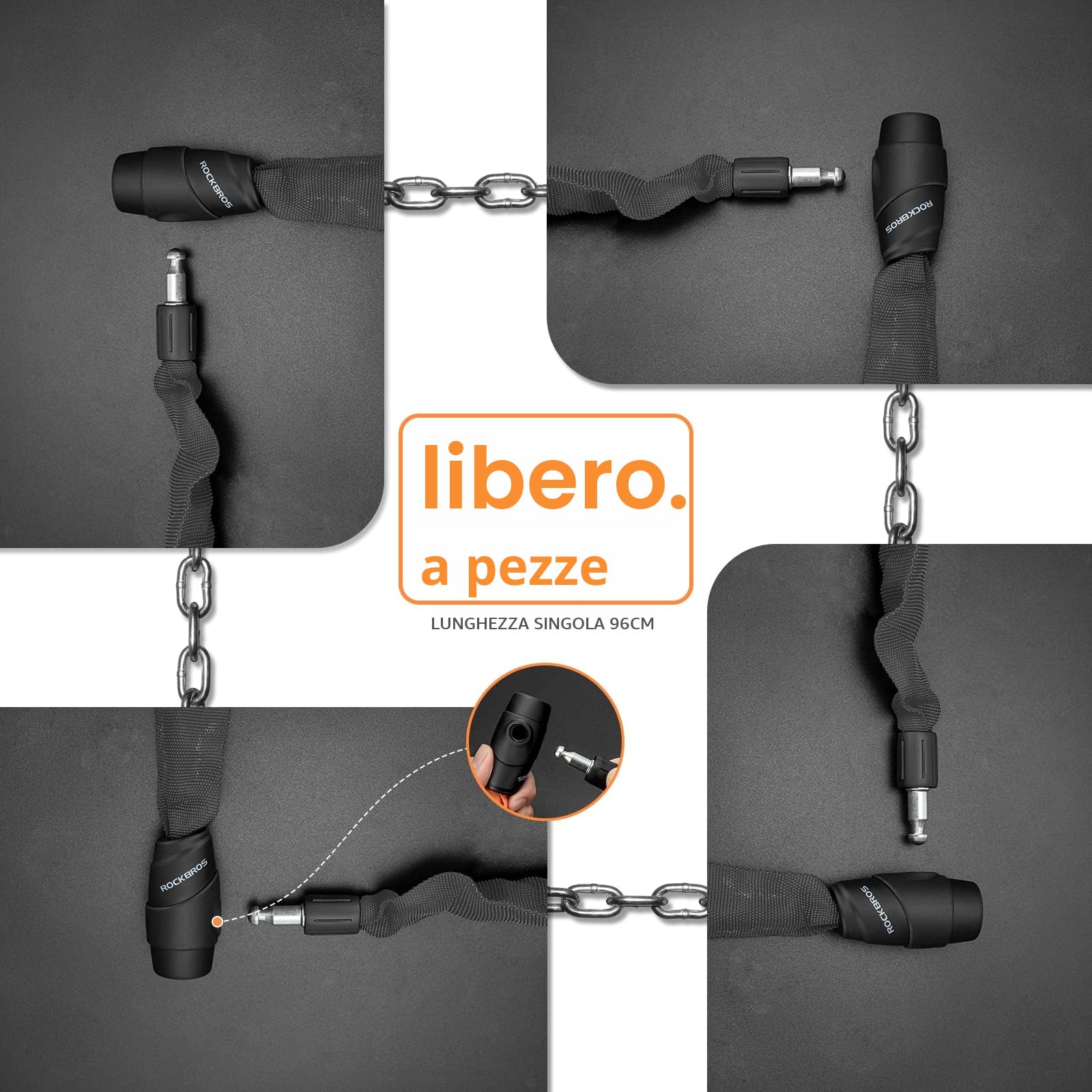 ROCKBROS Lucchetto Bici con Chiavi, Catena Antifurto in Acciaio 95cm/15.61mm, con 2 Chiavi, per Bicicletta E-bike Moto Scooter Monopattino Elettrico
