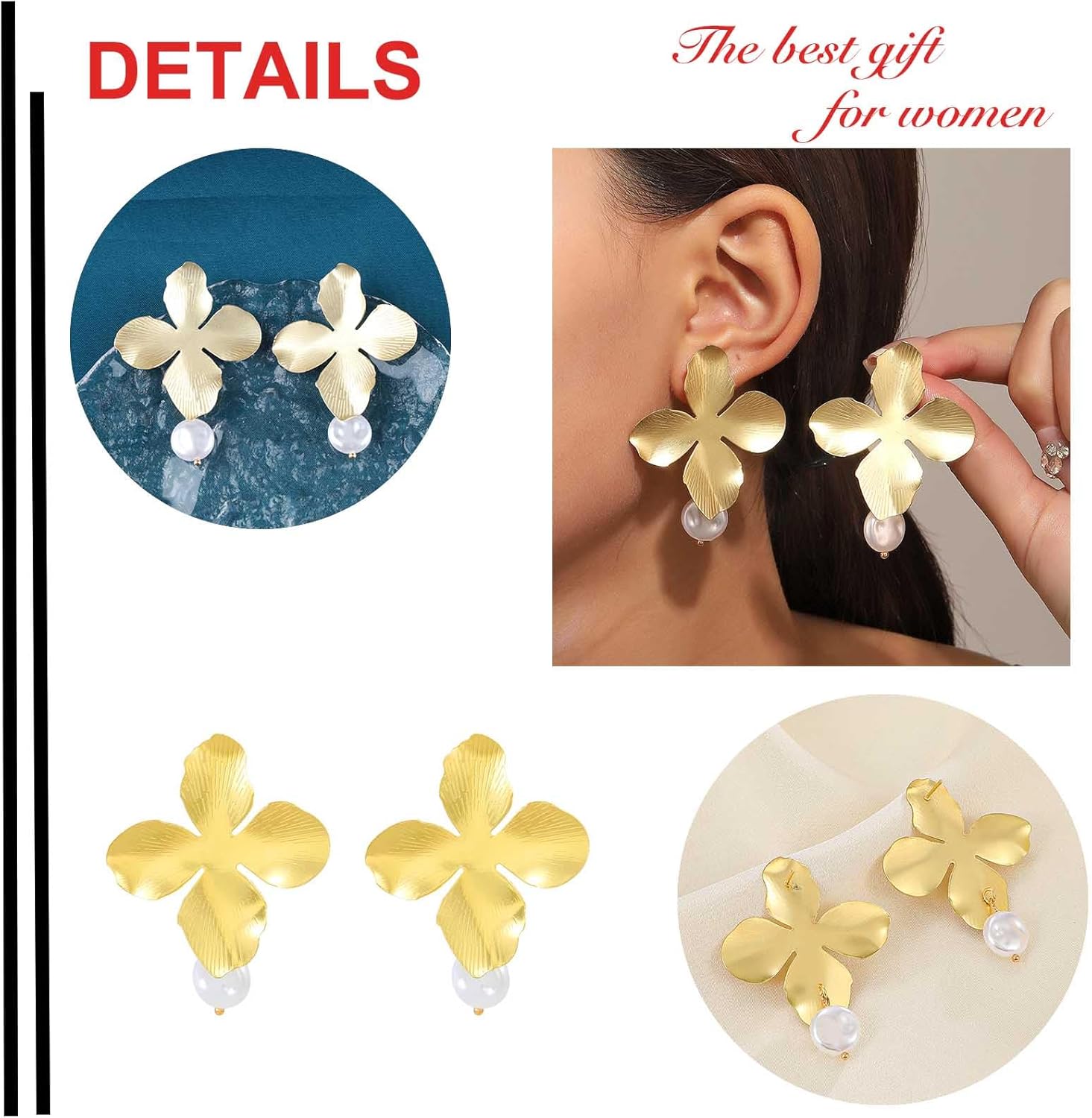 YienDoo Boho Big Flower Drop Earrings Vintage Gold Floral Petal Dangle Earrings Statement French Flower Pearl Drop Earrings Studs Wedding Bridesmaid Earrings Jewelry for Women - Image 6