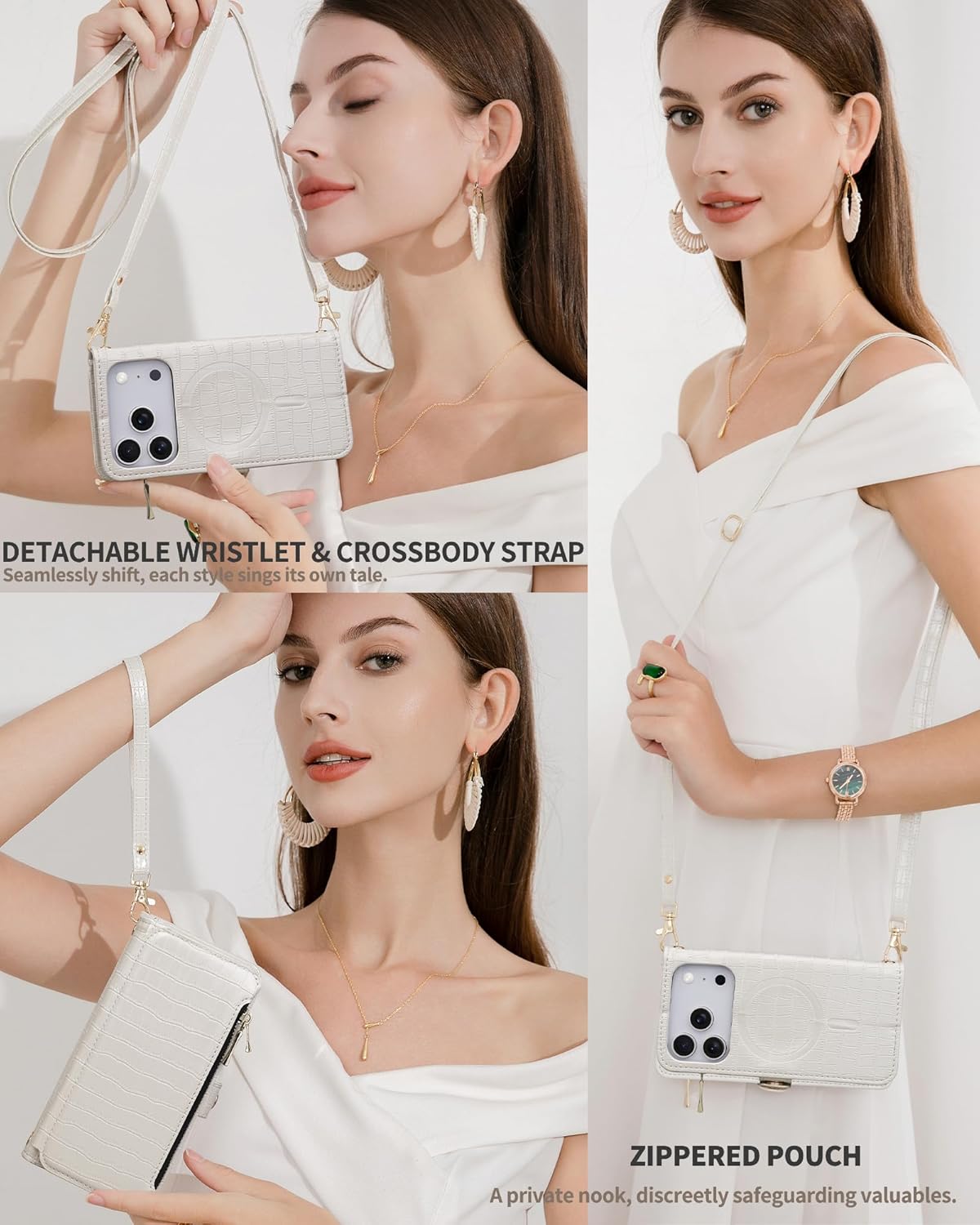 Crossbody Wallet Case for iPhone 17 Pro with Mirror, Wrist Strap, Zipper Purse Magnetic Flip, RFID Blocking Card Holder, Wireless Charging, PU Leather Shockproof 6.3" Women (White) - Image 3